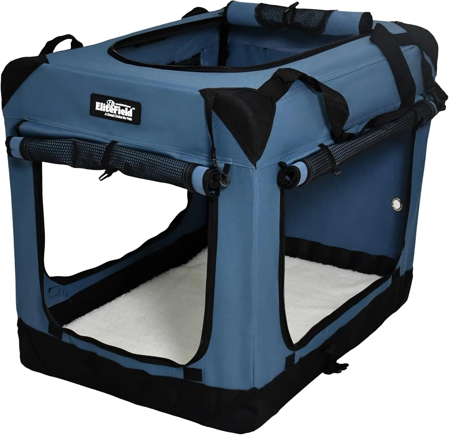 EliteField 4-Door Folding Soft Dog Crate with Curtains, Carrying Bag and Fleece Bed (2 Year Warranty), Indoor & Outdoor Pet Home (36" L x 24" W x 28" H, Blue Gray 4 Door Curtains)