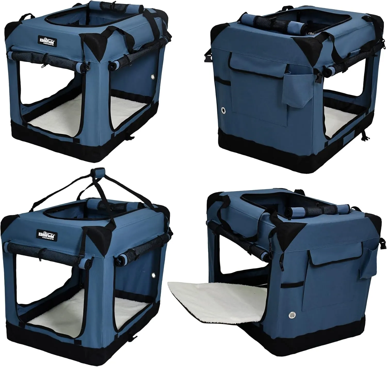 EliteField 4-Door Folding Soft Dog Crate with Curtains, Carrying Bag and Fleece Bed (2 Year Warranty), Indoor & Outdoor Pet Home (36" L x 24" W x 28" H, Blue Gray 4 Door Curtains)