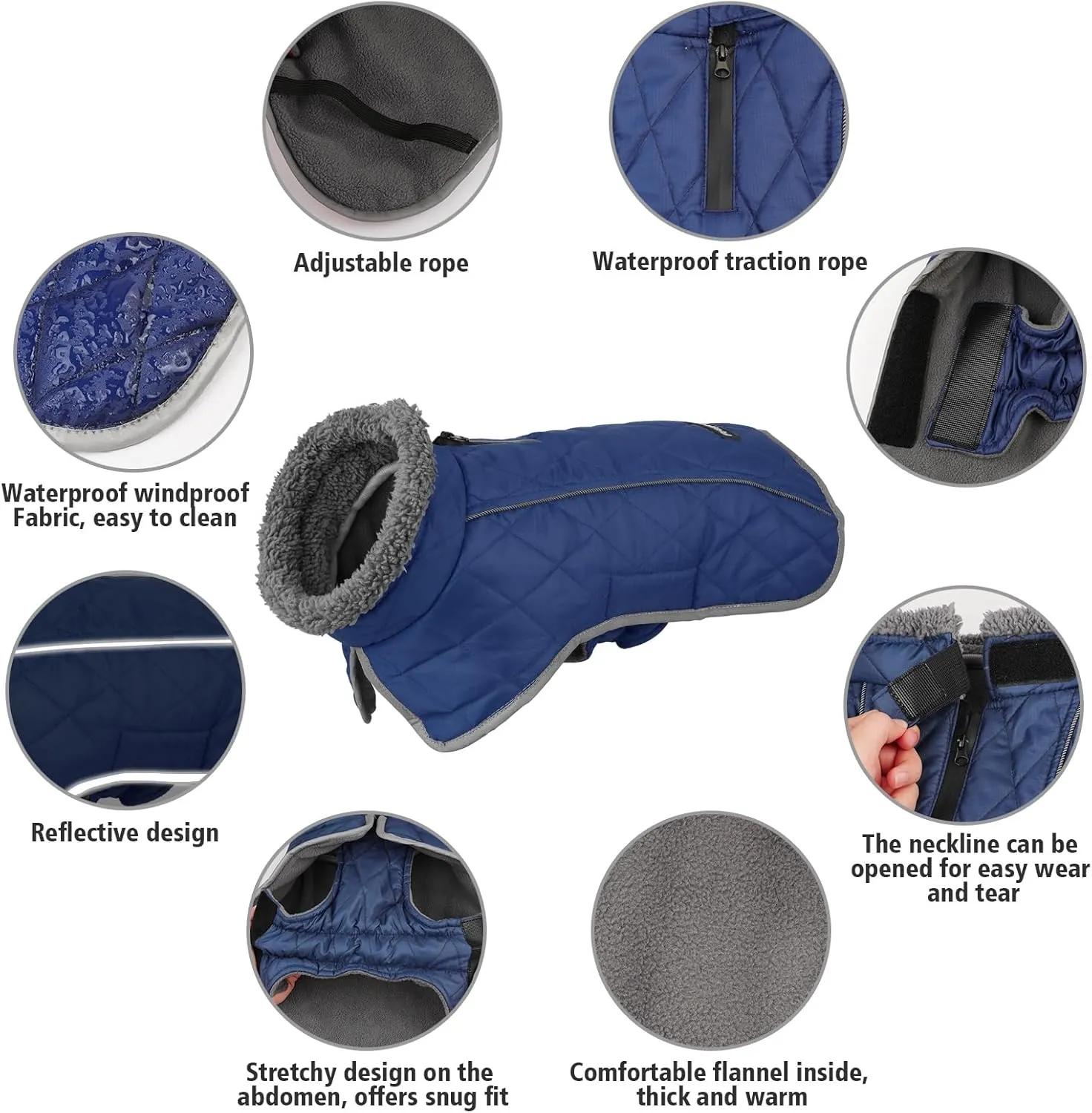 Fragralley Winter Coat - Windproof, Adjustable, Waterproof, Turtleneck Fleece Jacket for Dogs in Cold Weather (Blue, S)