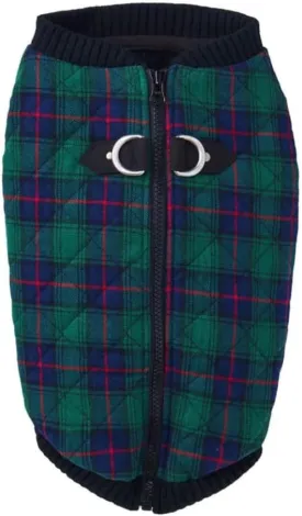 Gooby Fashion Vest Check Dog Jacket - Green Check, X-Large - Warm Zip Up Bomber Vest Dual D Ring Leash - Winter Water Resistant Small Dog Sweater
