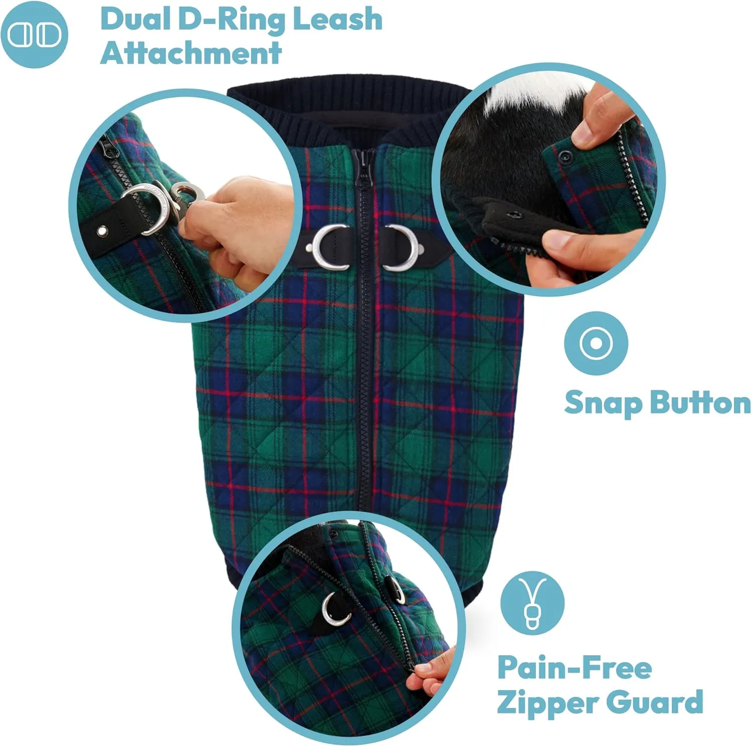 Gooby Fashion Vest Check Dog Jacket - Green Check, X-Large - Warm Zip Up Bomber Vest Dual D Ring Leash - Winter Water Resistant Small Dog Sweater