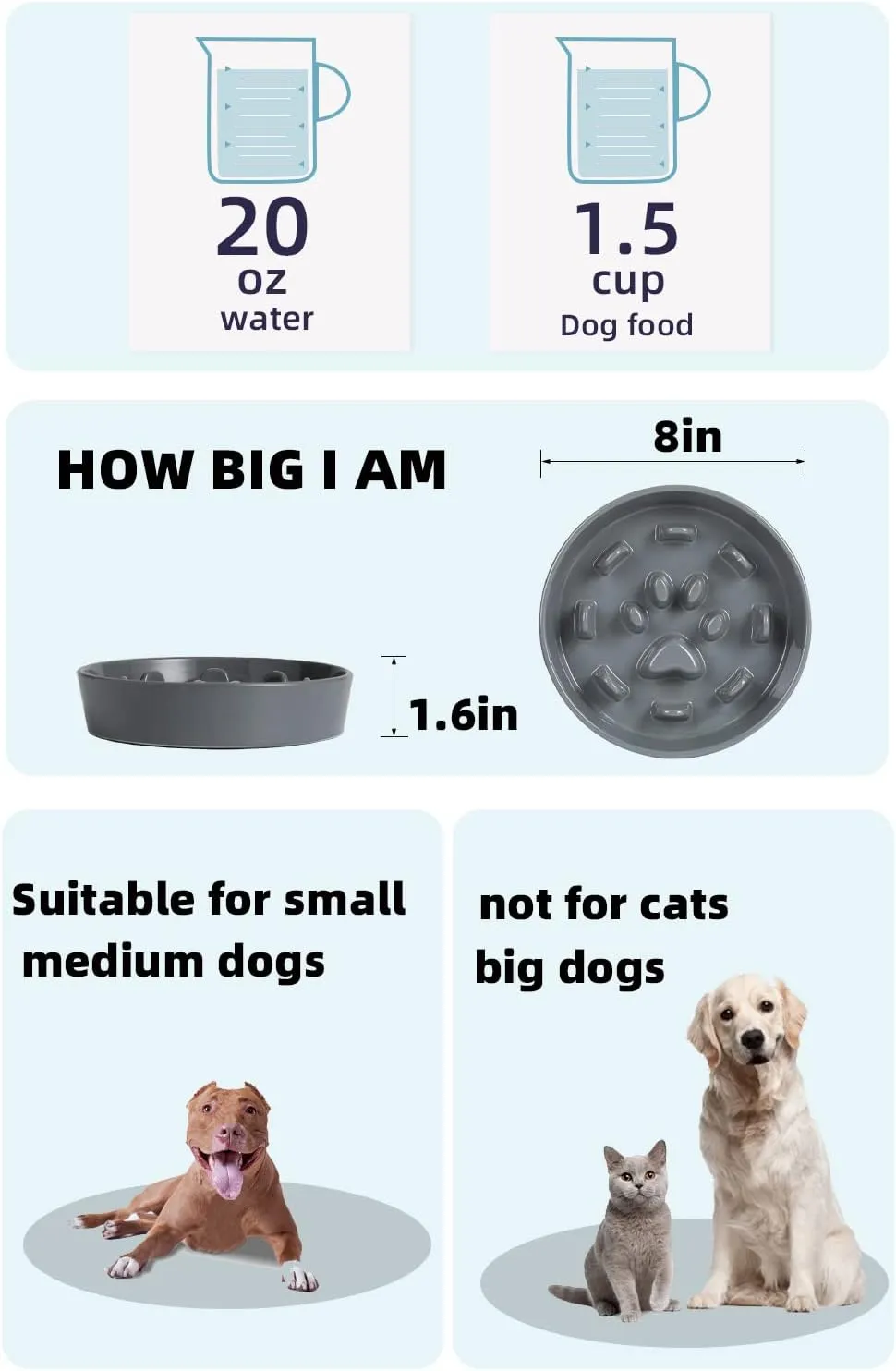 HAOTOP Ceramic Fun Slow Feeder Bowl, Porcelain Slow Eater Bowl for Medium Sized Dogs (Grey)