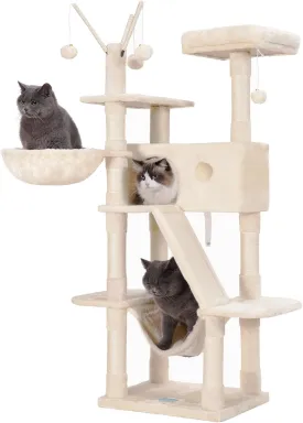 Hey-brother Cat Tree, 61 inch Cat Tower for Indoor Cats, Cat House with Padded Platform Bed, Toy Balls, Large Cozy Condo, Hammocks and Sisal Scratching Posts, Beige 0MPJ019M