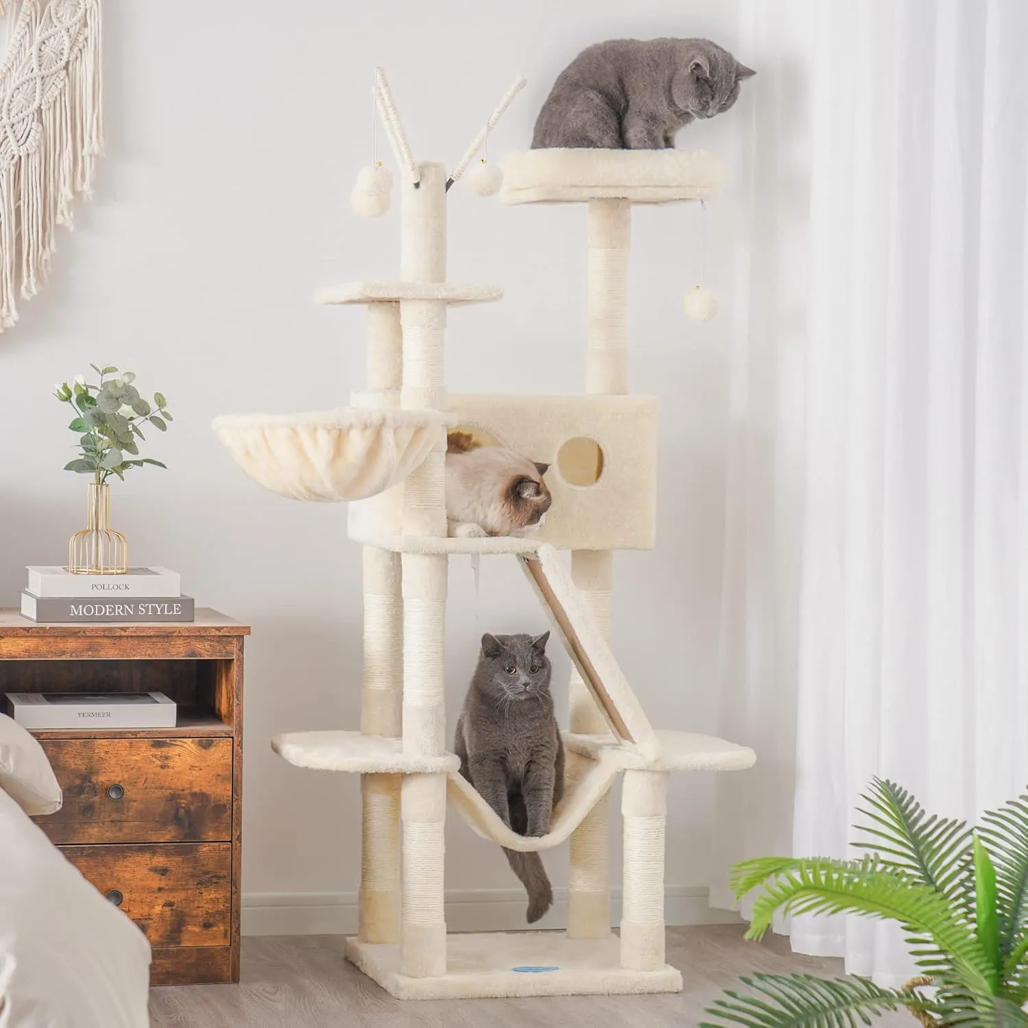 Hey-brother Cat Tree, 61 inch Cat Tower for Indoor Cats, Cat House with Padded Platform Bed, Toy Balls, Large Cozy Condo, Hammocks and Sisal Scratching Posts, Beige 0MPJ019M