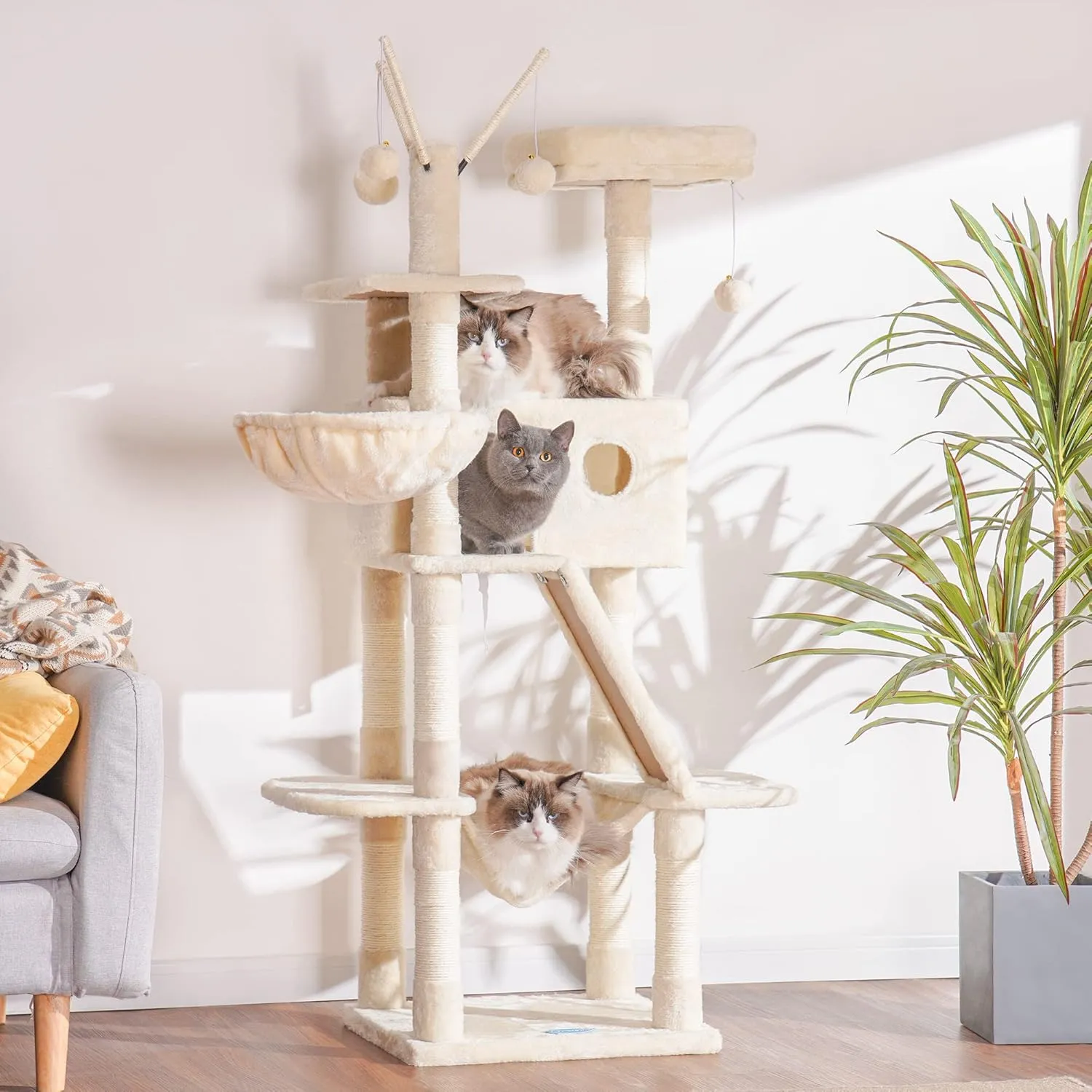 Hey-brother Cat Tree, 61 inch Cat Tower for Indoor Cats, Cat House with Padded Platform Bed, Toy Balls, Large Cozy Condo, Hammocks and Sisal Scratching Posts, Beige 0MPJ019M