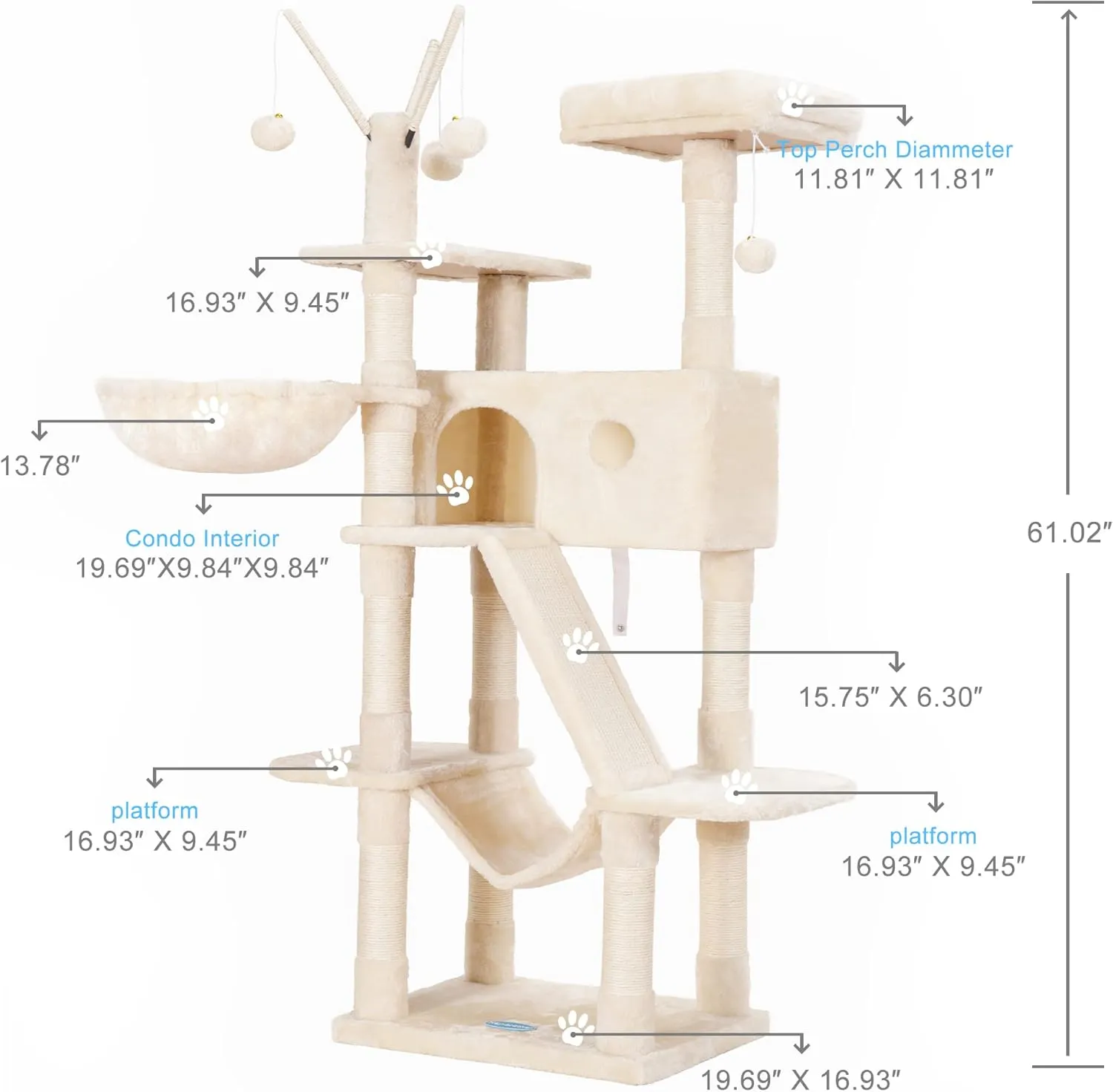 Hey-brother Cat Tree, 61 inch Cat Tower for Indoor Cats, Cat House with Padded Platform Bed, Toy Balls, Large Cozy Condo, Hammocks and Sisal Scratching Posts, Beige 0MPJ019M