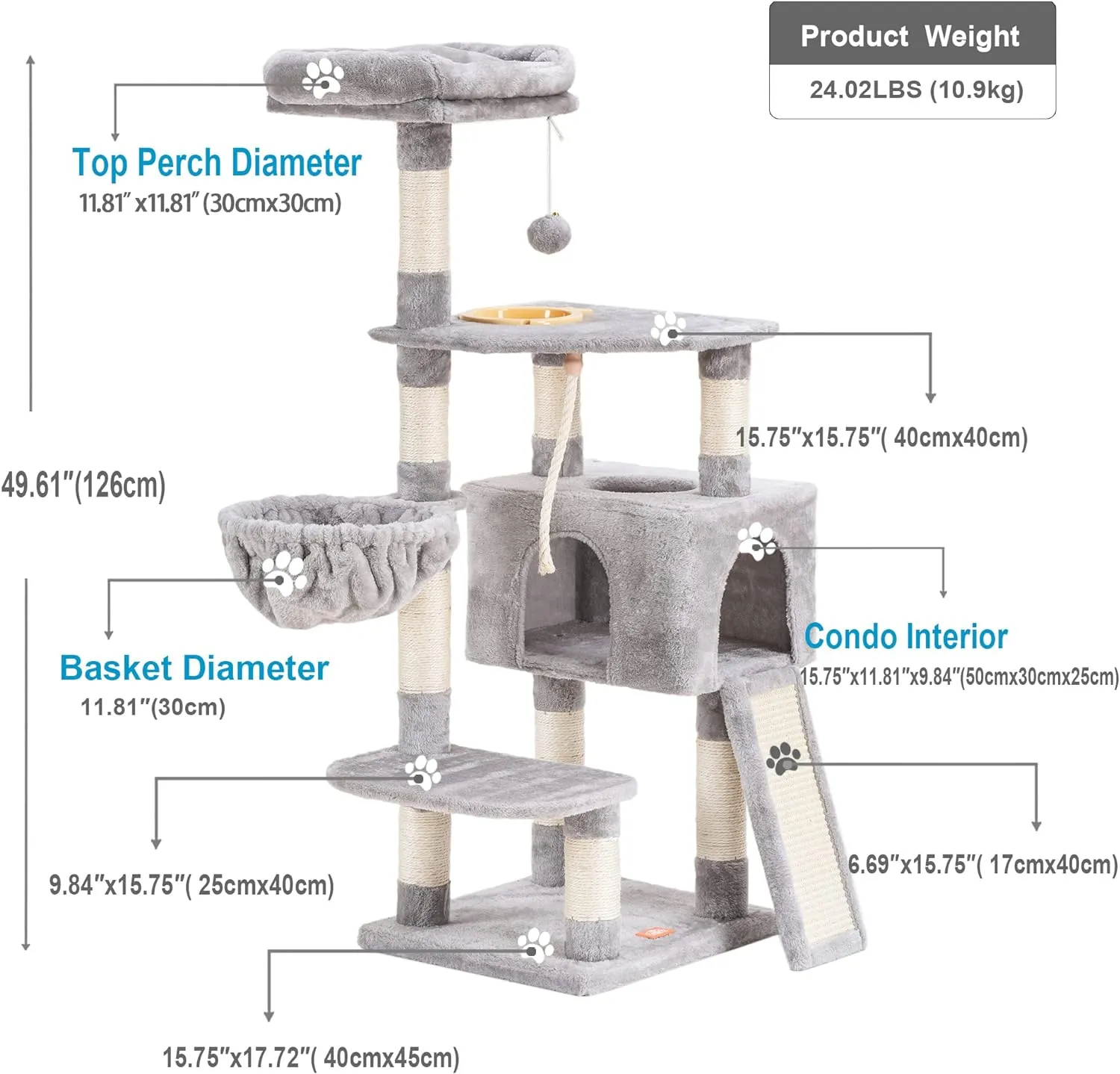 Heybly Cat Tree, Cat Tower for Indoor Cats with Scratching Board, Multi-Level Cat Furniture Condo with Feeding BowlLight Gray HCT010W