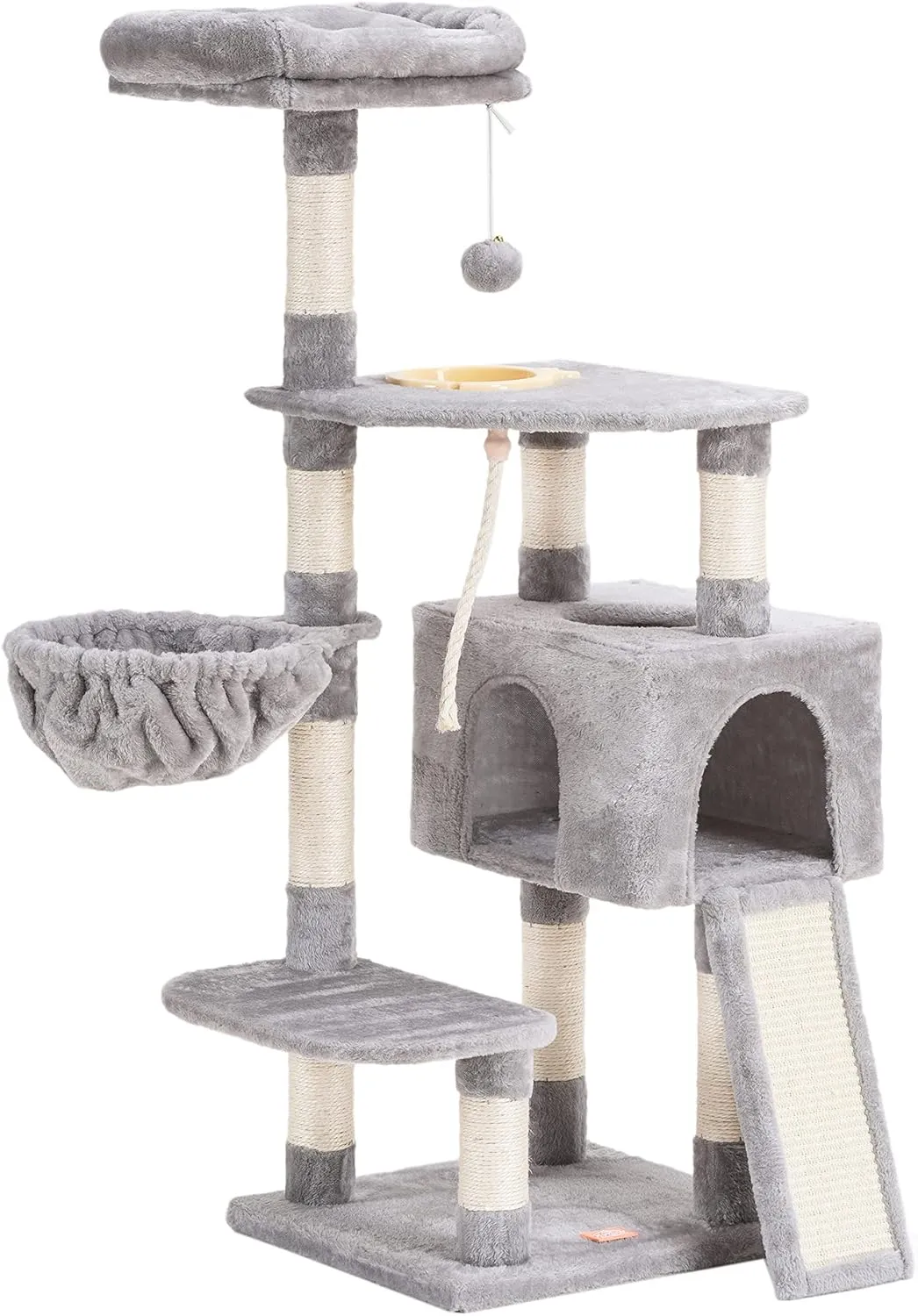Heybly Cat Tree, Cat Tower for Indoor Cats with Scratching Board, Multi-Level Cat Furniture Condo with Feeding BowlLight Gray HCT010W