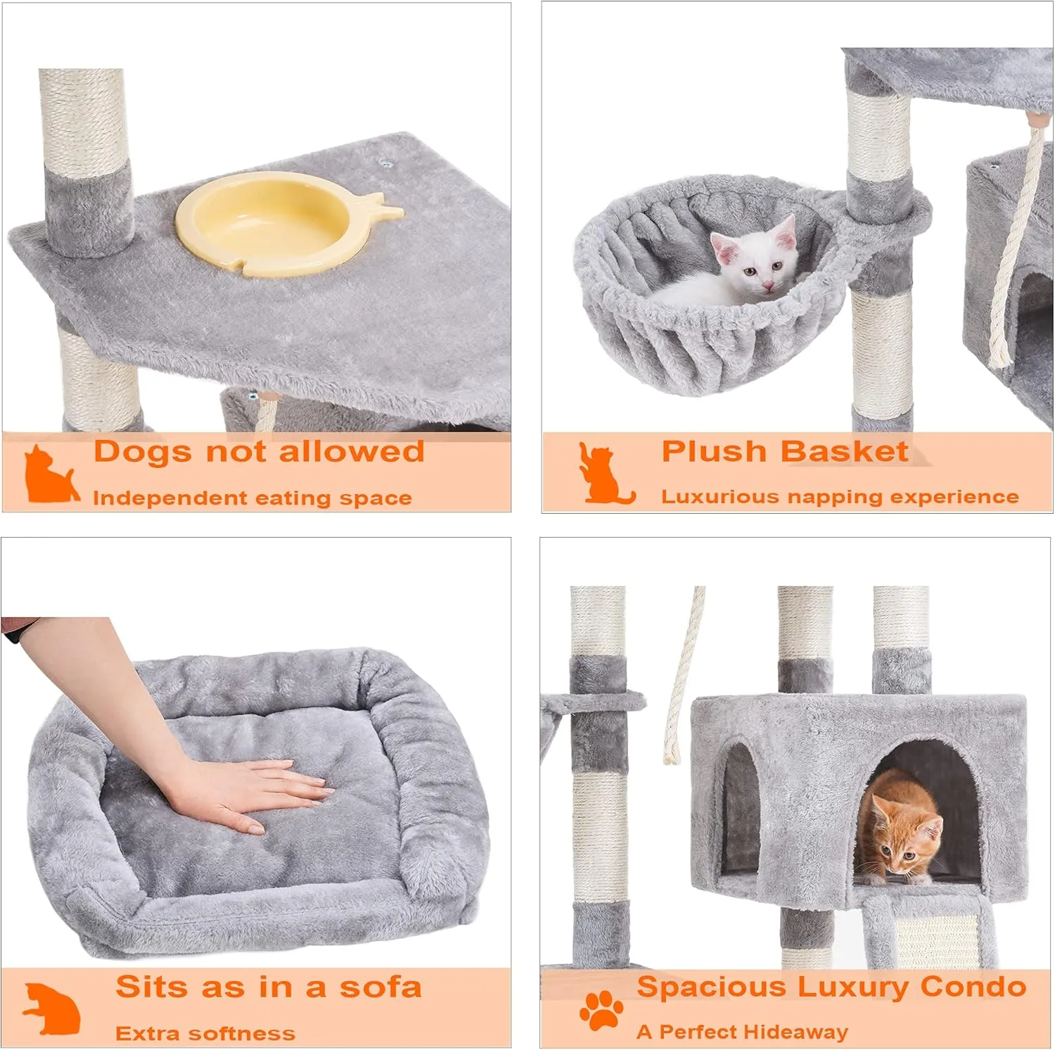 Heybly Cat Tree, Cat Tower for Indoor Cats with Scratching Board, Multi-Level Cat Furniture Condo with Feeding BowlLight Gray HCT010W