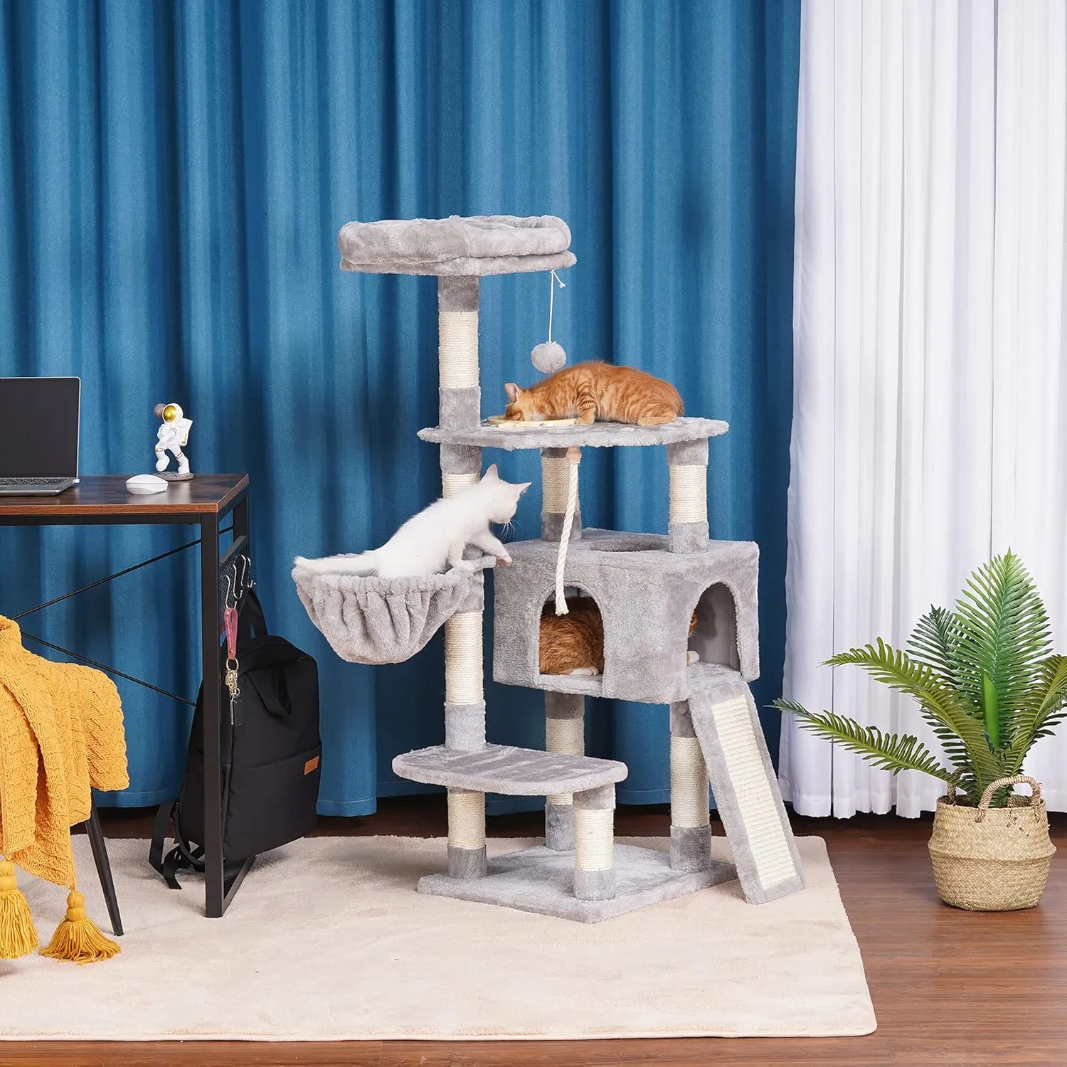 Heybly Cat Tree, Cat Tower for Indoor Cats with Scratching Board, Multi-Level Cat Furniture Condo with Feeding BowlLight Gray HCT010W