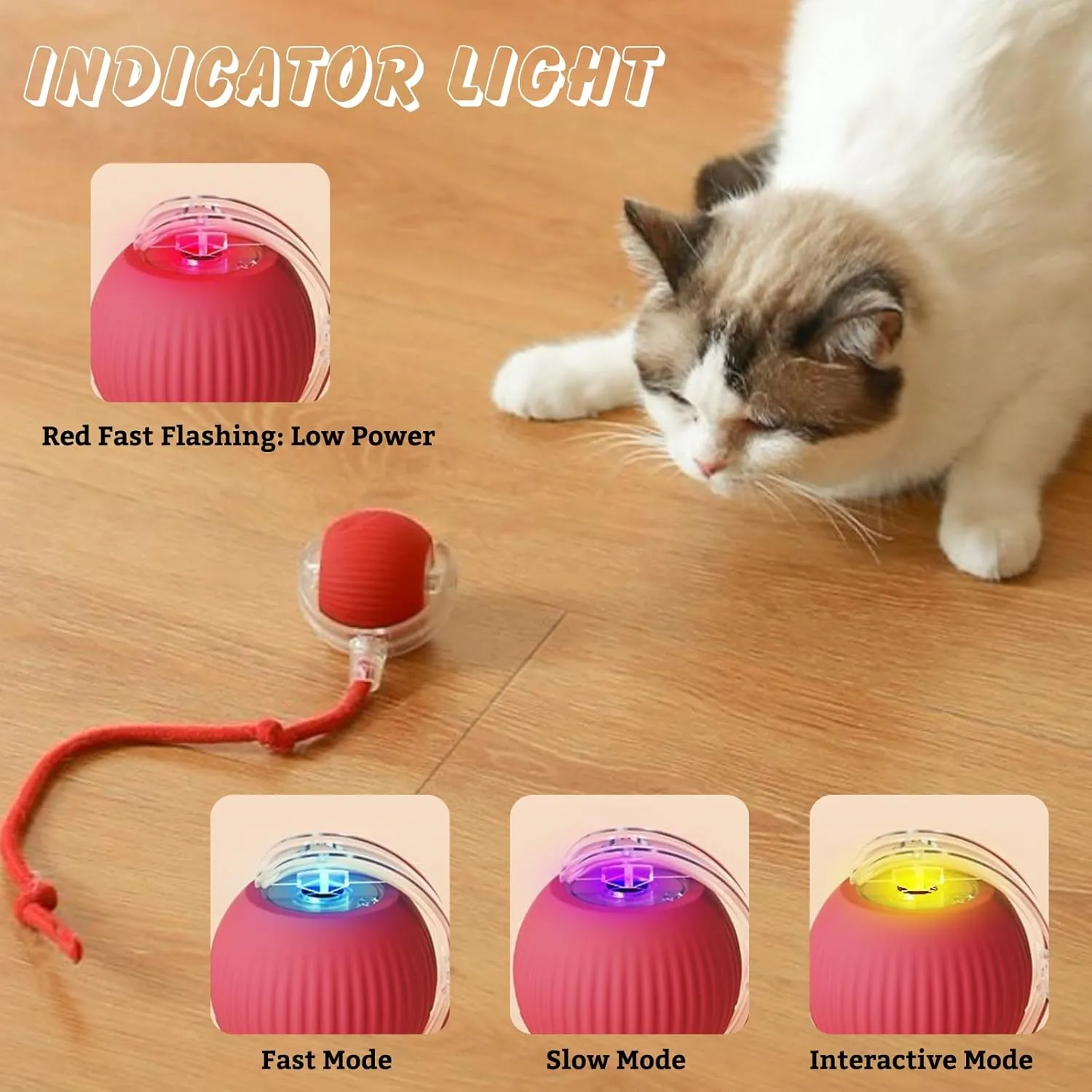 Interactive Cat Toy Ball, Automatic Rolling Electric Toy for Indoor Cats, Motion-Activated Smart Ball for Exercise and Play Toy for Kittens, Red
