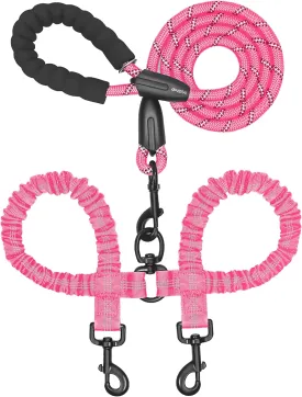 iYoShop Dual Dog Leash - 360 Swivel, No Tangle Walking Leash with Shock Absorbing Bungee for Two Dogs (Large, 25-150 lbs, Pink)