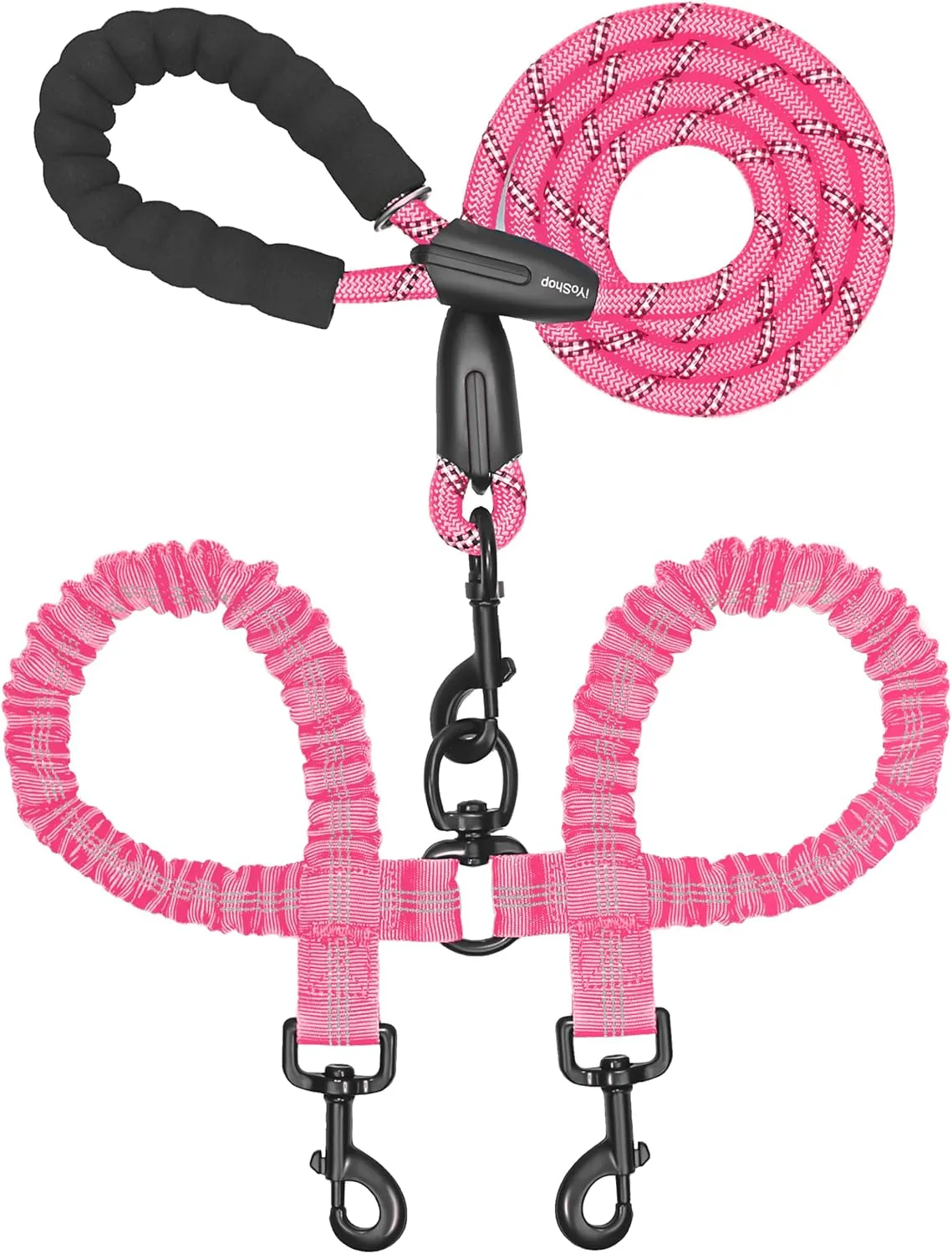 iYoShop Dual Dog Leash - 360 Swivel, No Tangle Walking Leash with Shock Absorbing Bungee for Two Dogs (Large, 25-150 lbs, Pink)