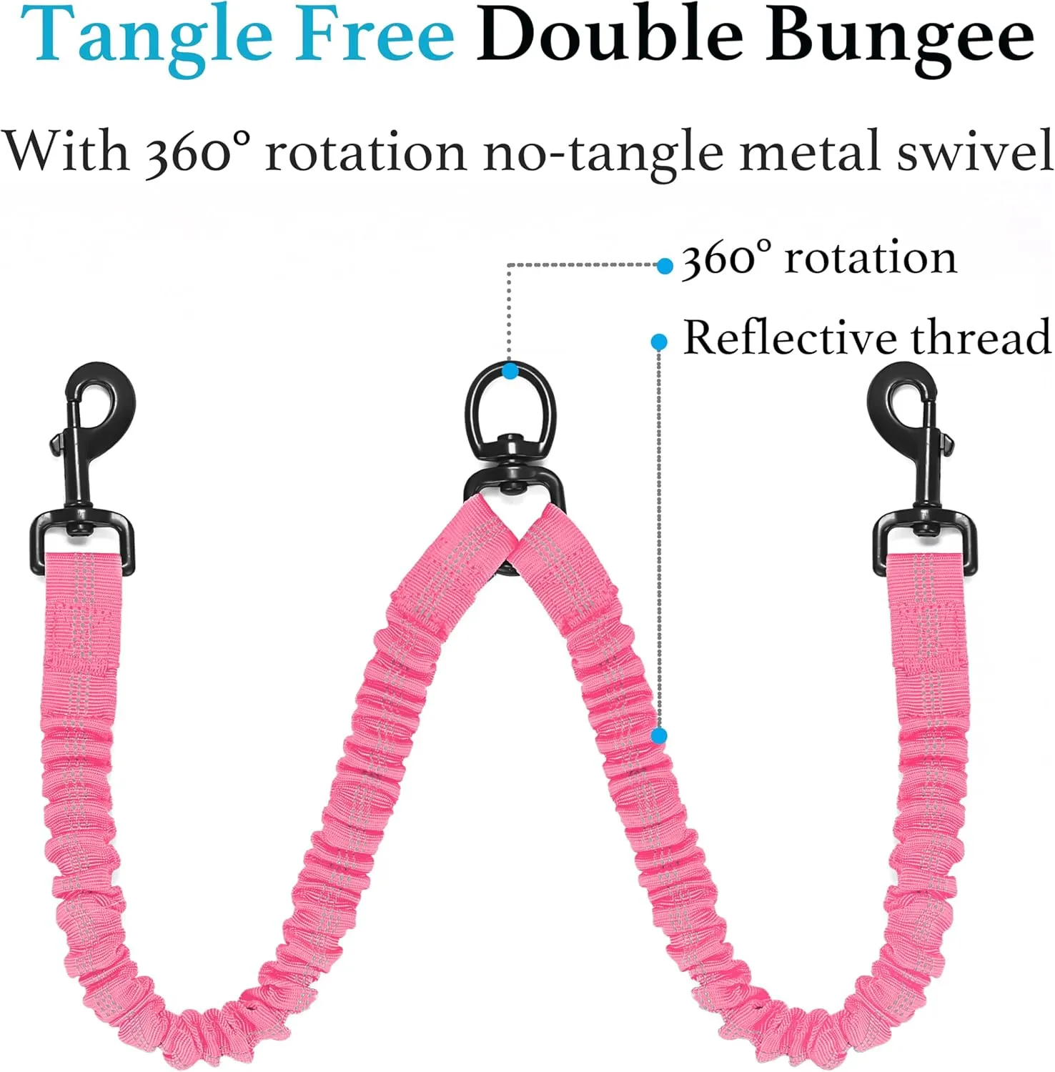 iYoShop Dual Dog Leash - 360 Swivel, No Tangle Walking Leash with Shock Absorbing Bungee for Two Dogs (Large, 25-150 lbs, Pink)