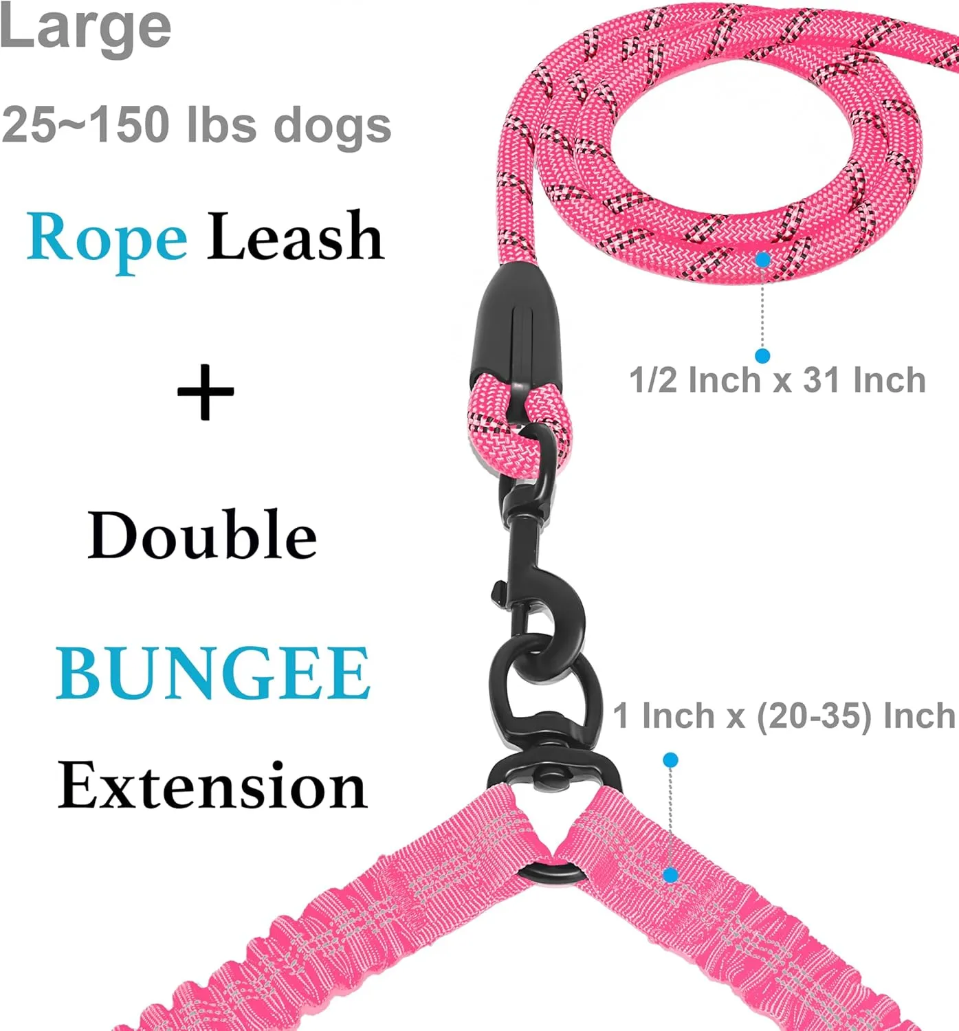 iYoShop Dual Dog Leash - 360 Swivel, No Tangle Walking Leash with Shock Absorbing Bungee for Two Dogs (Large, 25-150 lbs, Pink)