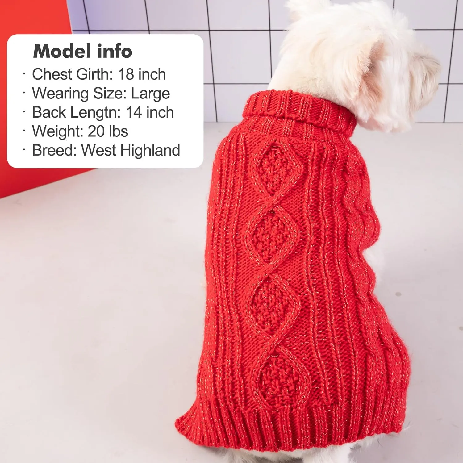 KYEESE Christmas Dog Sweaters for Small Dogs Turtleneck Dog Cable Knit Pet Sweater with Golden Thread for Cold Weather, Red, Medium
