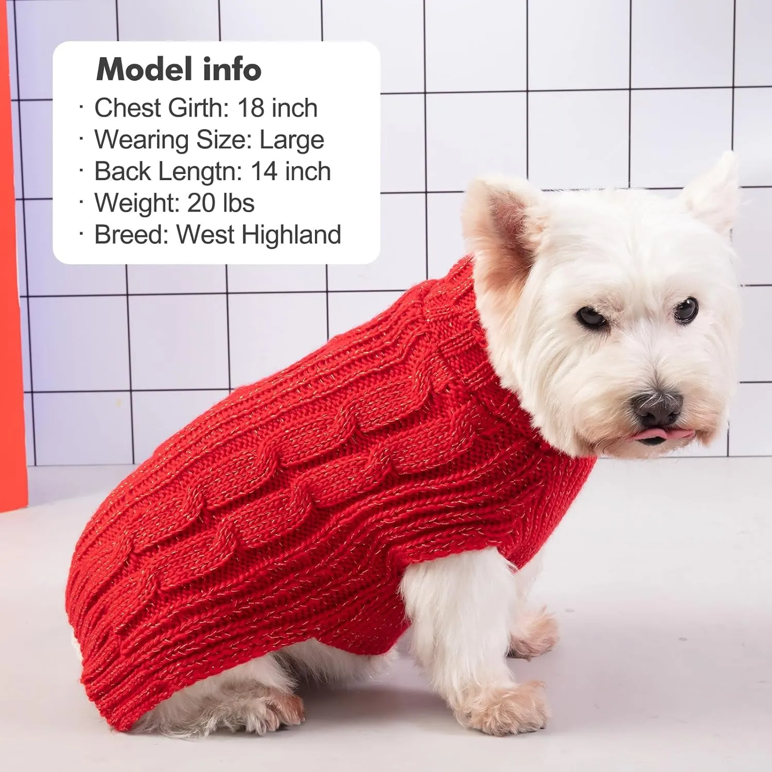 KYEESE Christmas Dog Sweaters for Small Dogs Turtleneck Dog Cable Knit Pet Sweater with Golden Thread for Cold Weather, Red, Medium