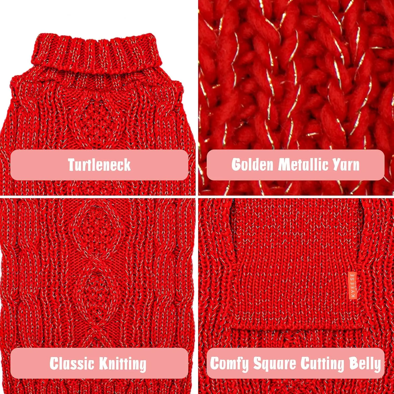 KYEESE Christmas Dog Sweaters for Small Dogs Turtleneck Dog Cable Knit Pet Sweater with Golden Thread for Cold Weather, Red, Medium