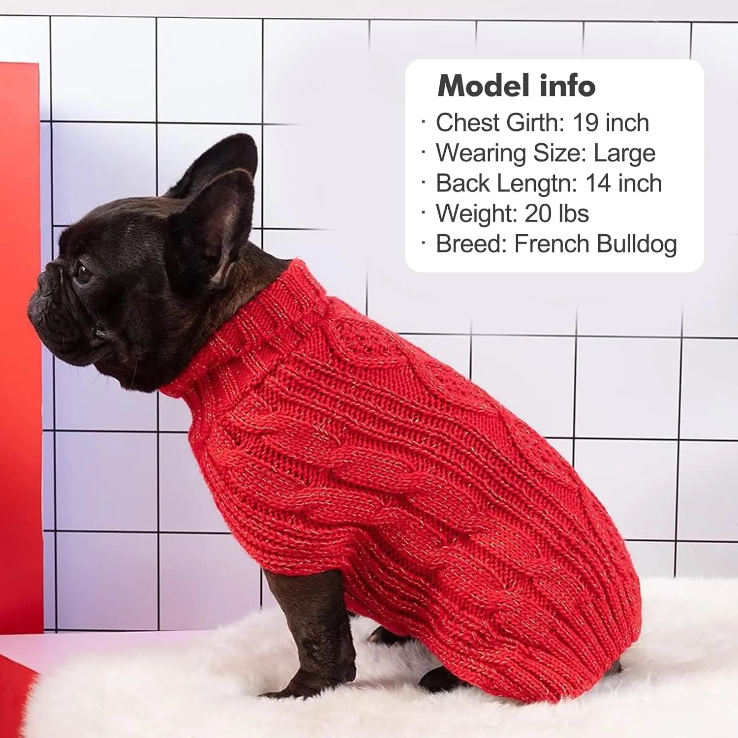 KYEESE Christmas Dog Sweaters for Small Dogs Turtleneck Dog Cable Knit Pet Sweater with Golden Thread for Cold Weather, Red, Medium