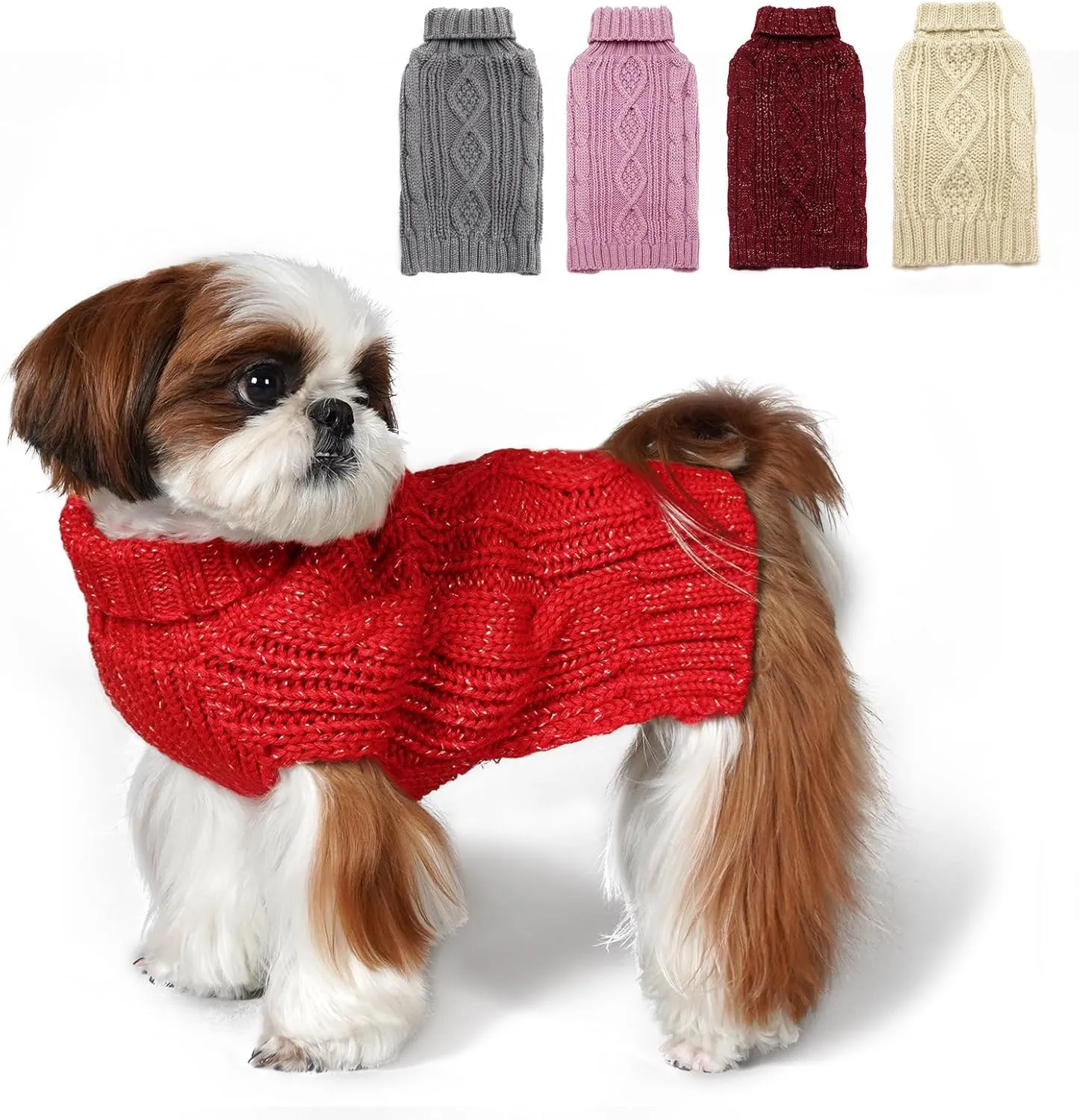 KYEESE Christmas Dog Sweaters for Small Dogs Turtleneck Dog Cable Knit Pet Sweater with Golden Thread for Cold Weather, Red, Medium