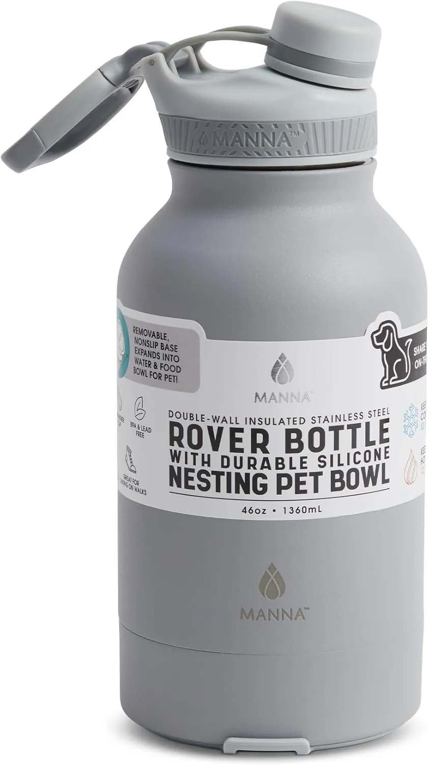 Manna Rover Double-Wall Insulated Stainless Steel Bottle with Durable Silicone Nesting Pet Bowl - 46 Oz - Grey Powder Coat