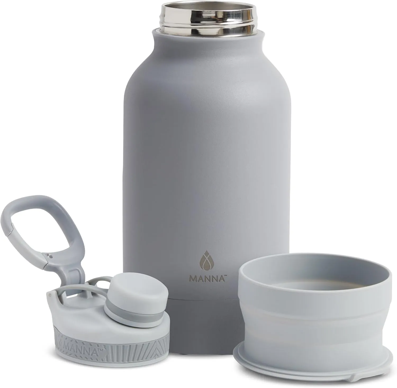 Manna Rover Double-Wall Insulated Stainless Steel Bottle with Durable Silicone Nesting Pet Bowl - 46 Oz - Grey Powder Coat