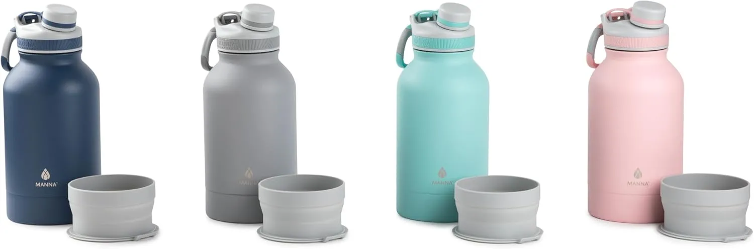 Manna Rover Double-Wall Insulated Stainless Steel Bottle with Durable Silicone Nesting Pet Bowl - 46 Oz - Grey Powder Coat