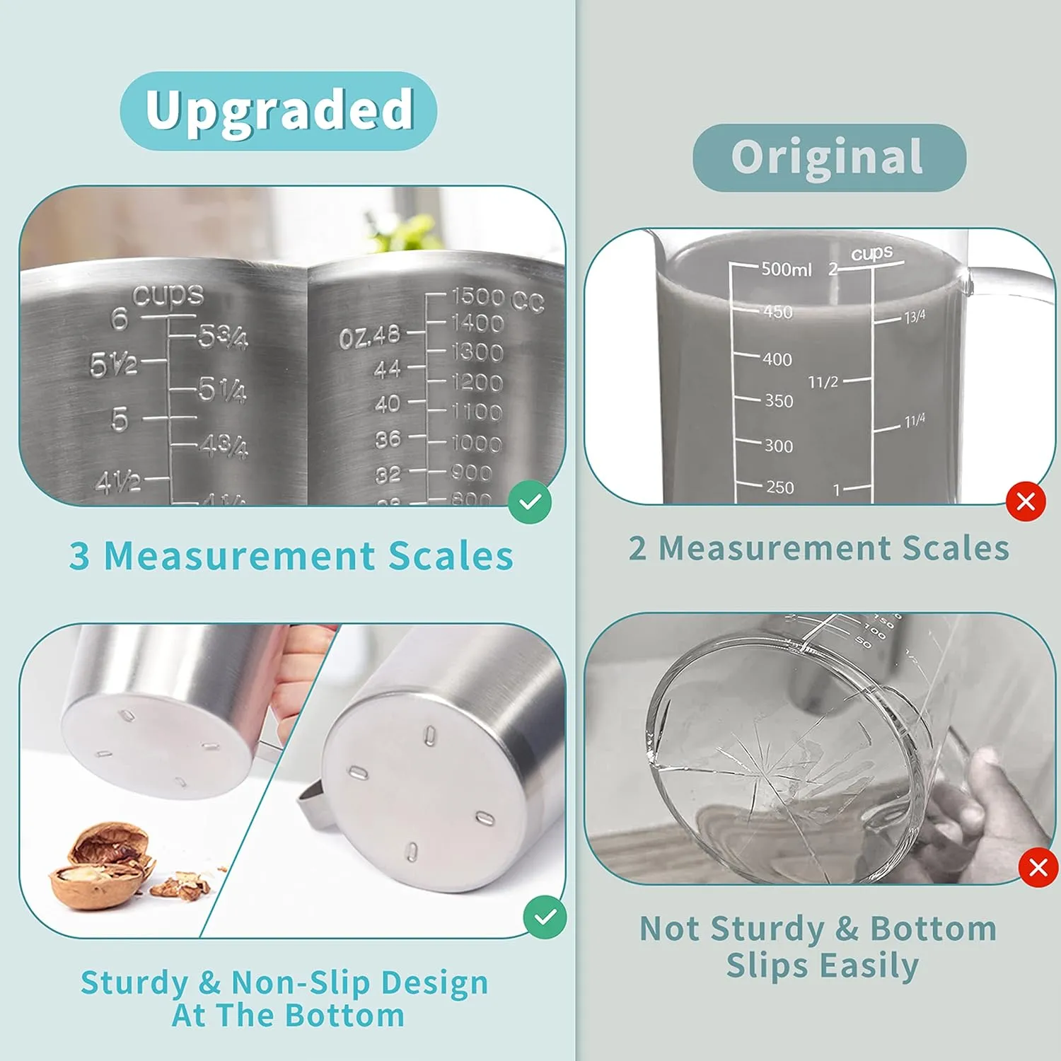 Measuring Cup, [Upgraded, 3 Measurement Scales, Including Cup Scale, ML Scale, Ounce Scale], Newness Stainless Steel Measuring Cup with Marking with Handle, 48 Ounces (1.5 Liter, 6 Cup)