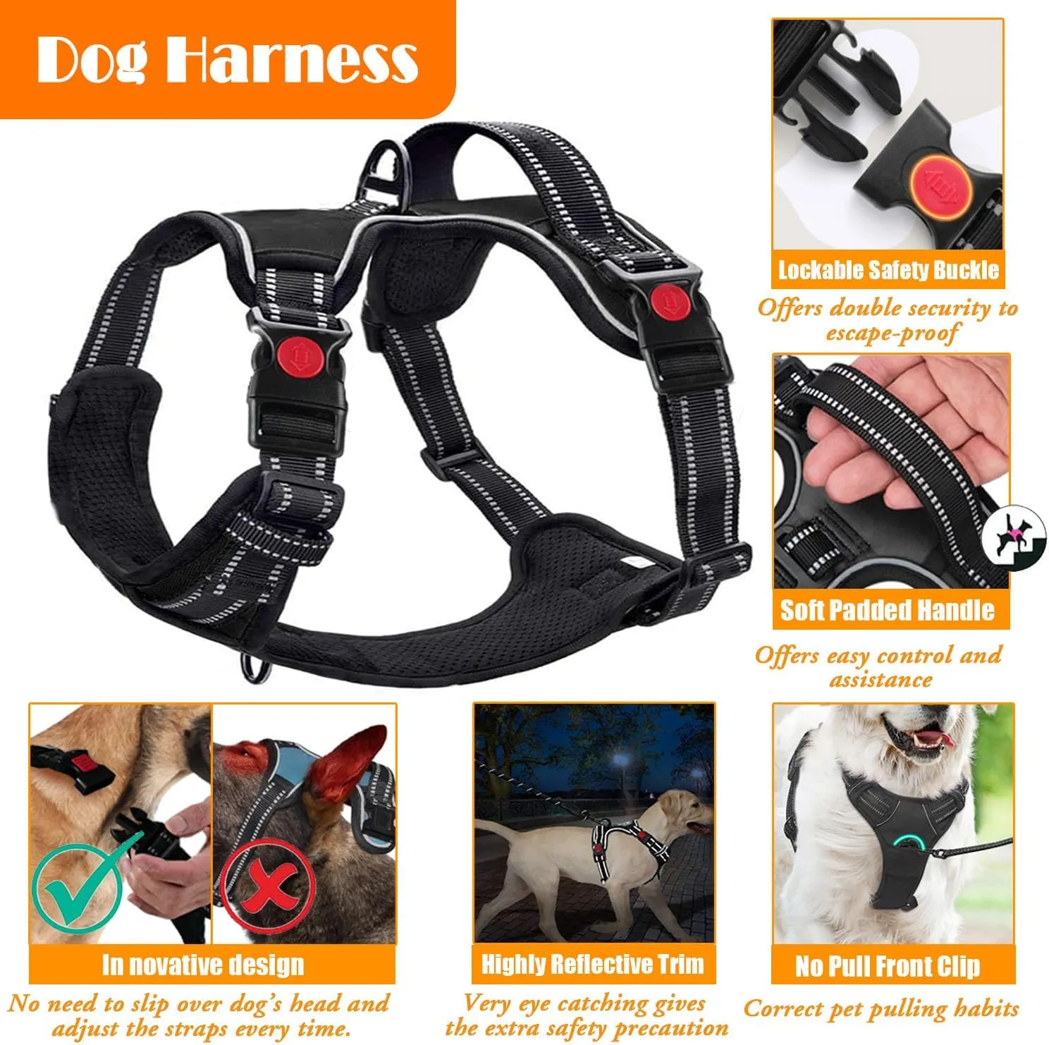 No Pull Dog Harness, Collar & Leash Set with Retractable Dog Seat Belt, Collapsible Dog Bowls and Poop Bag Dispenser - Ideal for Training, Walking, Hiking - Fits Small to Large Dogs(Blue-M)