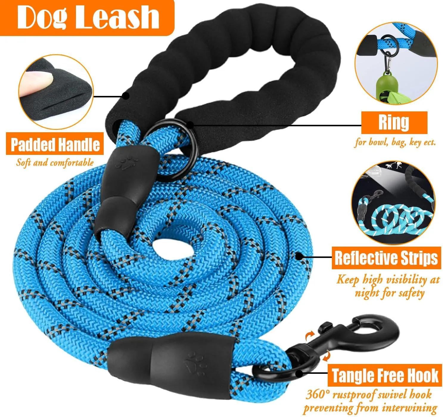 No Pull Dog Harness, Collar & Leash Set with Retractable Dog Seat Belt, Collapsible Dog Bowls and Poop Bag Dispenser - Ideal for Training, Walking, Hiking - Fits Small to Large Dogs(Blue-M)
