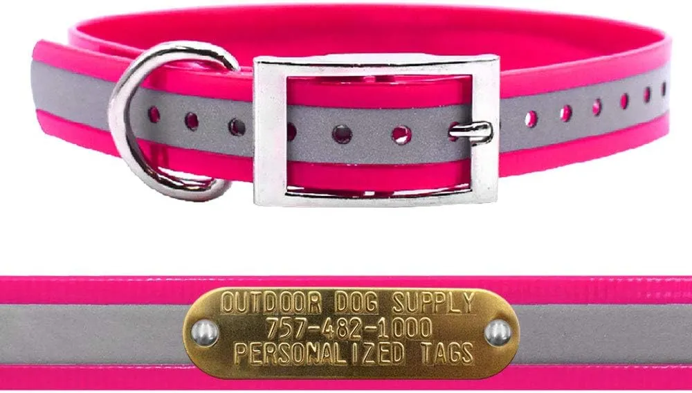 Outdoor Dog Supply's 1" Wide Reflective D Ring Dog Collar Strap with Custom 3/4" Tag (18" Long, Reflective Pink)