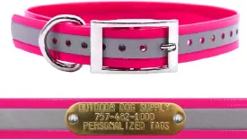 Outdoor Dog Supply's 1" Wide Reflective D Ring Dog Collar Strap with Custom 3/4" Tag (18" Long, Reflective Pink)