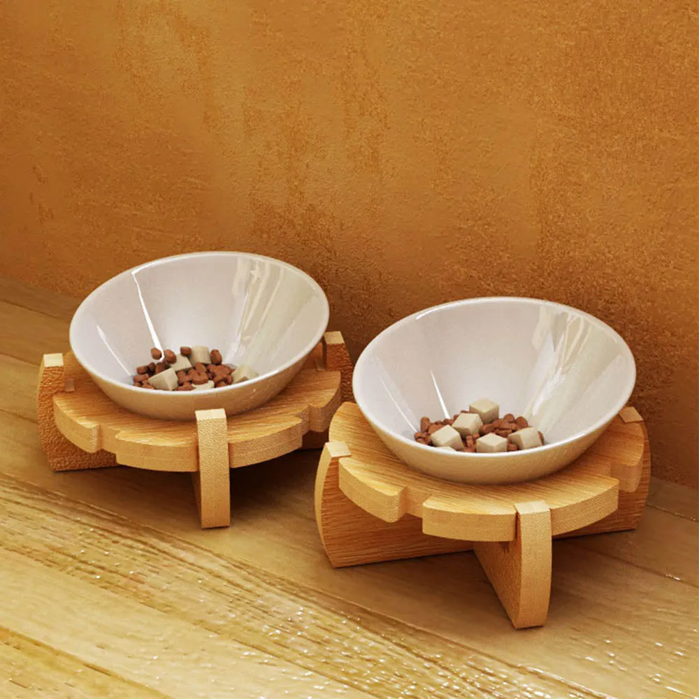 PAWS ASIA Wholesale Bamboo 15 Degree Tilted Protect Cervical Pet Ceramic Bowl