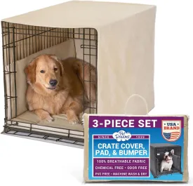Pet Dreams 3-Piece Set Includes Dog Crate Cover, Dog Mat & Bumper Pad- Washable Kennel Bedding fits iCrate Cages 24, 30, 36, 42 Inch (Khaki, Large, 36")