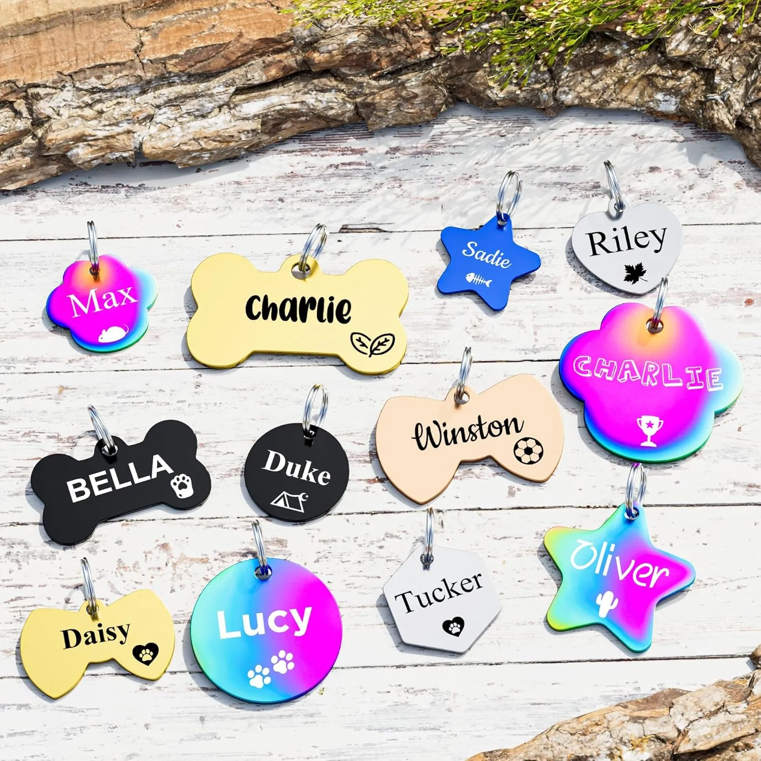 Pet ID Tag Dog Name Tags Personalized Dog Tags and Cat Tags with Icon & 5 Lines of Custom Text Engraved Stainless Steel Pet ID Name Tag,Bone with Paw