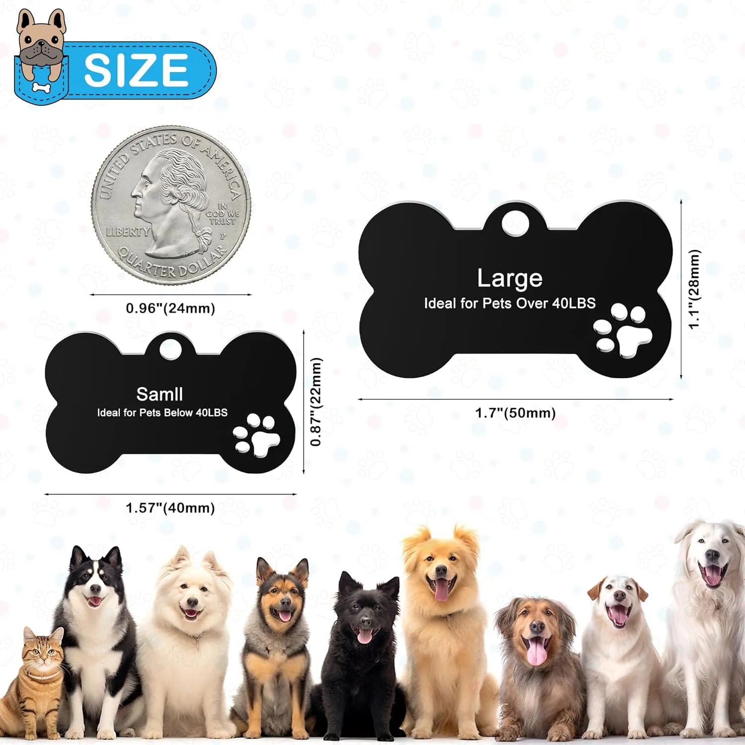 Pet ID Tag Dog Name Tags Personalized Dog Tags and Cat Tags with Icon & 5 Lines of Custom Text Engraved Stainless Steel Pet ID Name Tag,Bone with Paw