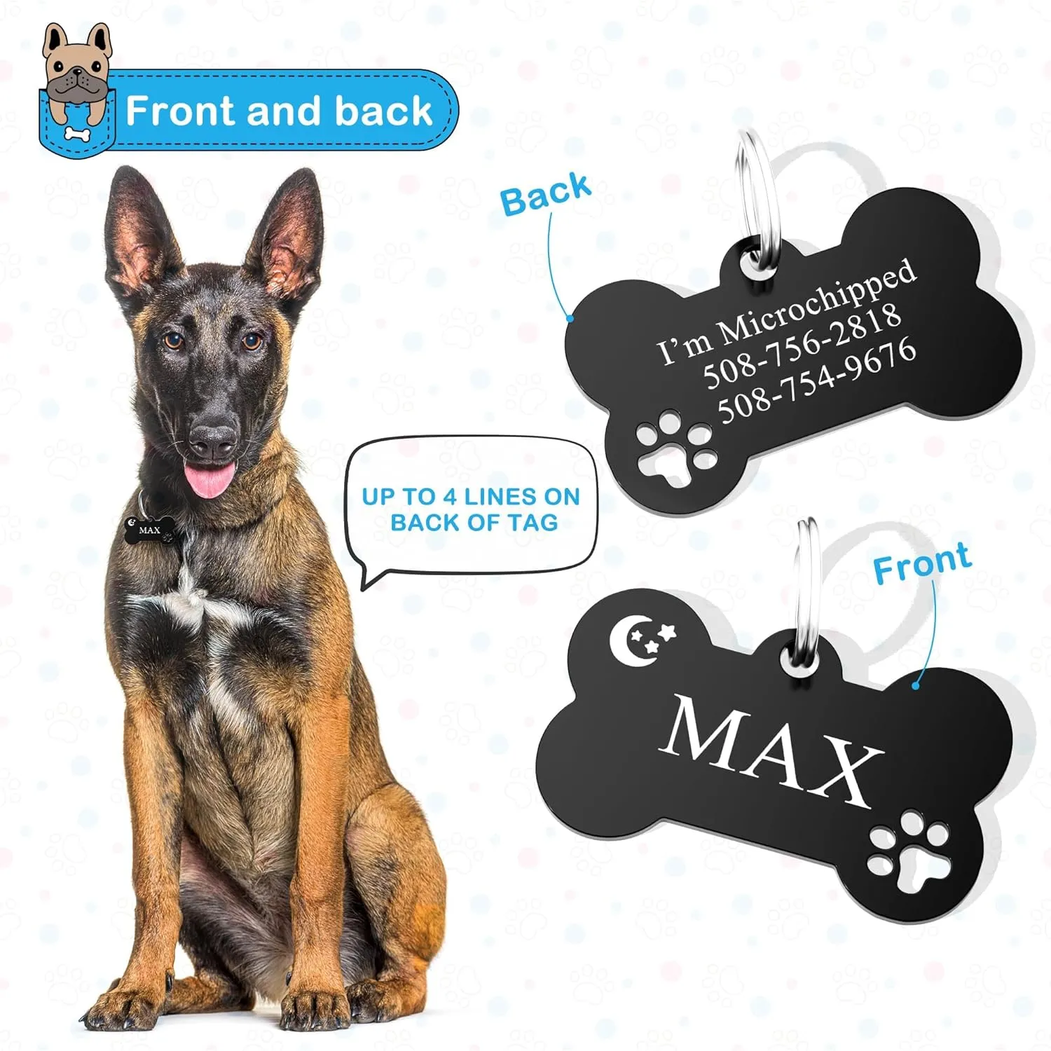 Pet ID Tag Dog Name Tags Personalized Dog Tags and Cat Tags with Icon & 5 Lines of Custom Text Engraved Stainless Steel Pet ID Name Tag,Bone with Paw