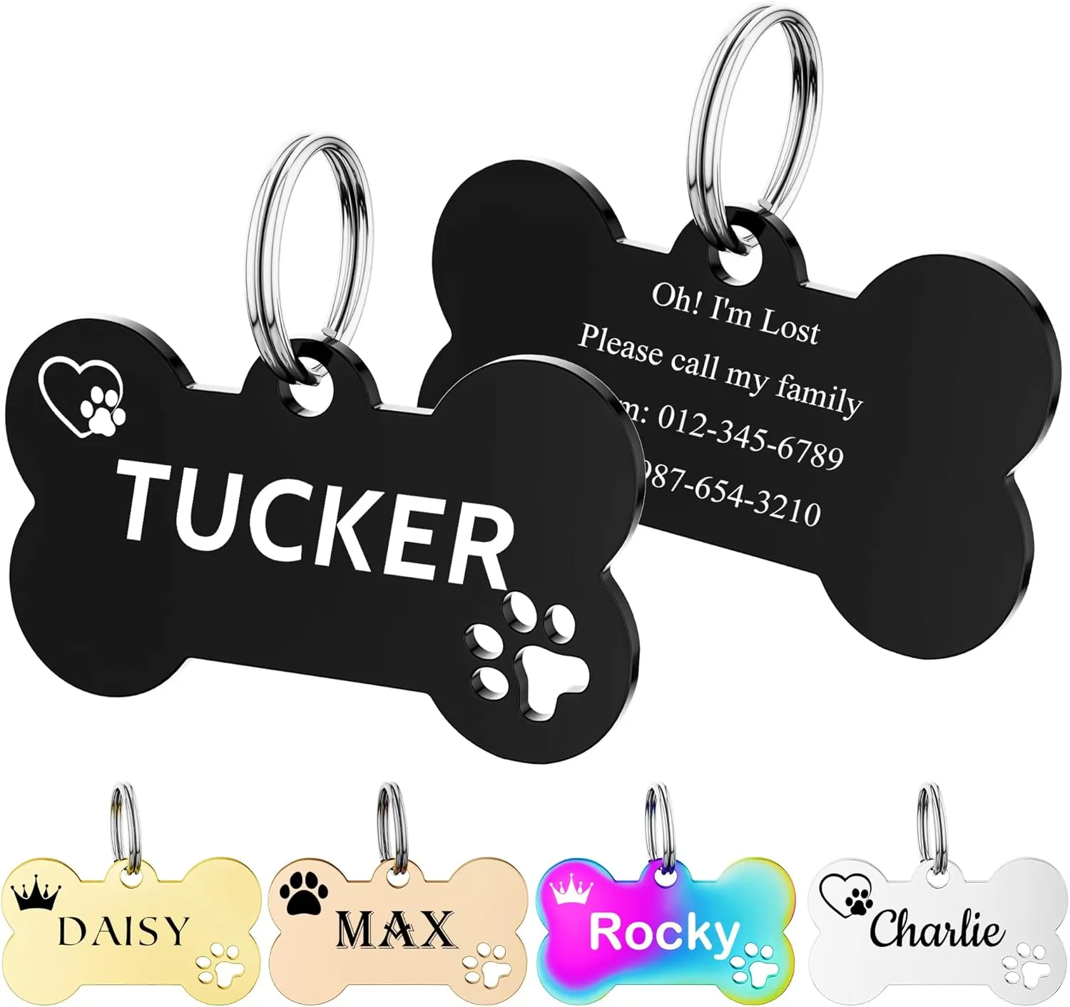 Pet ID Tag Dog Name Tags Personalized Dog Tags and Cat Tags with Icon & 5 Lines of Custom Text Engraved Stainless Steel Pet ID Name Tag,Bone with Paw