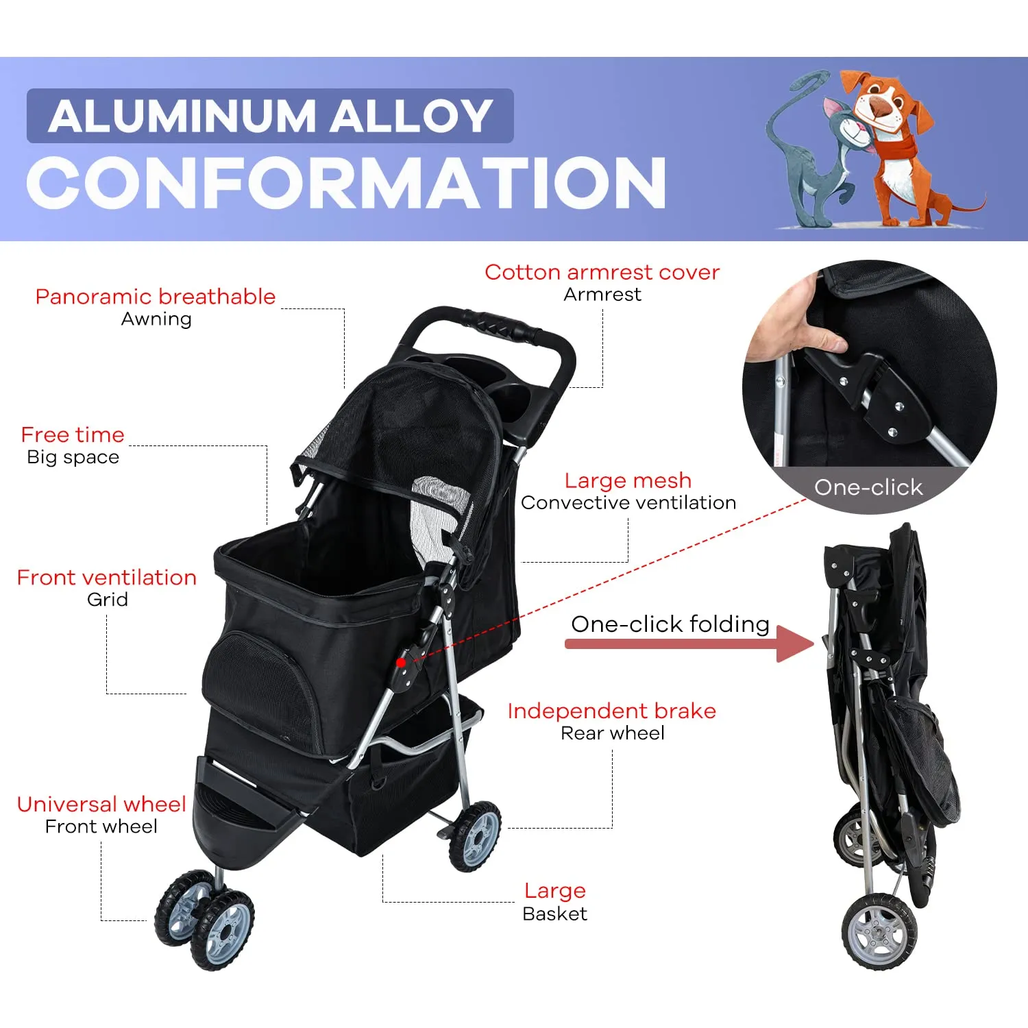 Pet Stroller, Dog Stroller Wheels Carrier Strolling Cart Waterproof Travel Folding Cart for Puppy Small-Medium Dog, Cat with Cup Holder, Locking Wheel (Black)