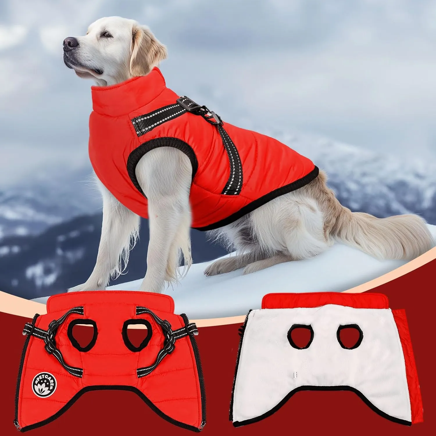 PETCARE Winter Dog Coat with Harness Built in Waterproof Dog Jackets Warm Dog Fleece Vest Windproof Dog Snow Jacket Snowsuit Reflective Dog Cold Weather Coats for Puppy Small Medium Large Dogs Cats