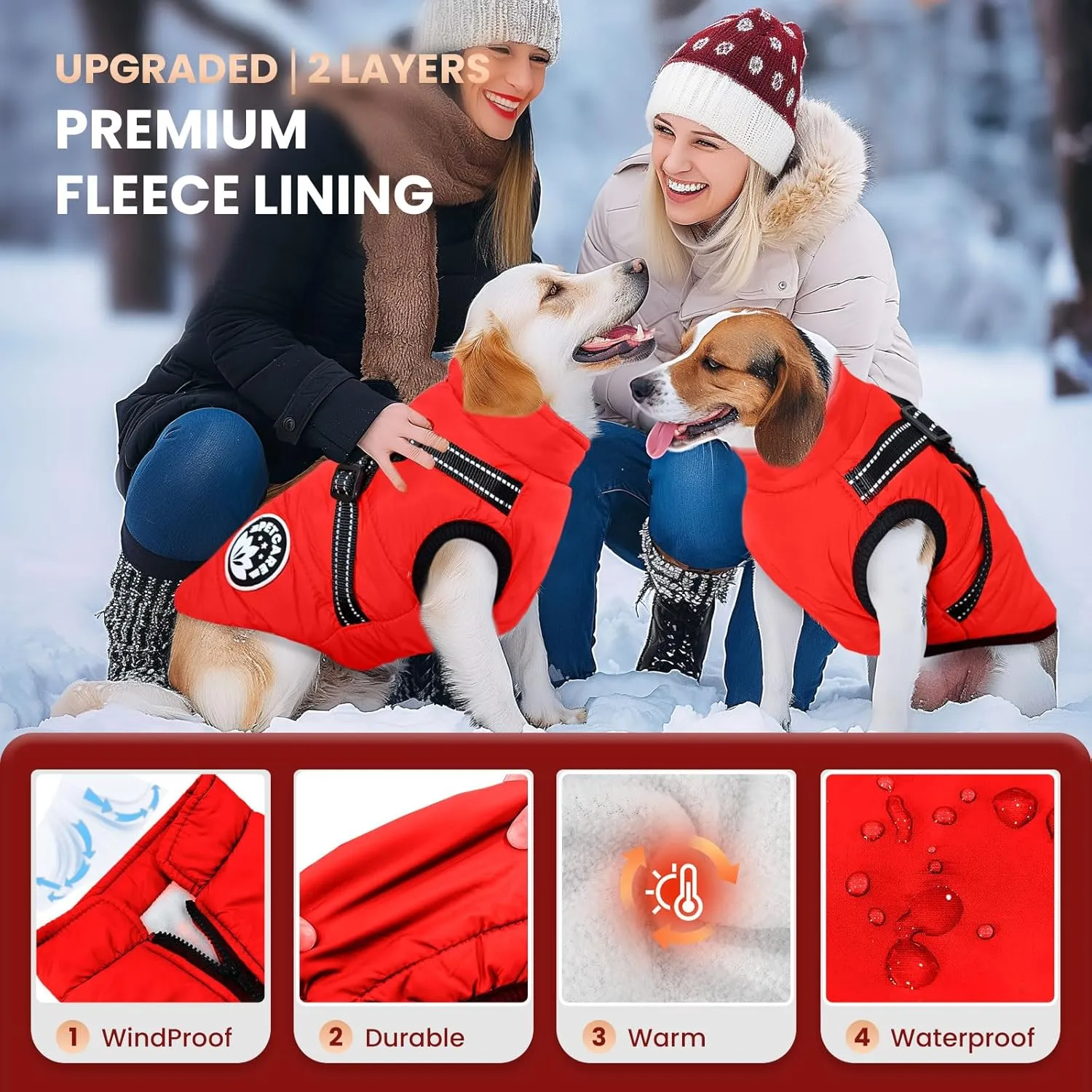 PETCARE Winter Dog Coat with Harness Built in Waterproof Dog Jackets Warm Dog Fleece Vest Windproof Dog Snow Jacket Snowsuit Reflective Dog Cold Weather Coats for Puppy Small Medium Large Dogs Cats
