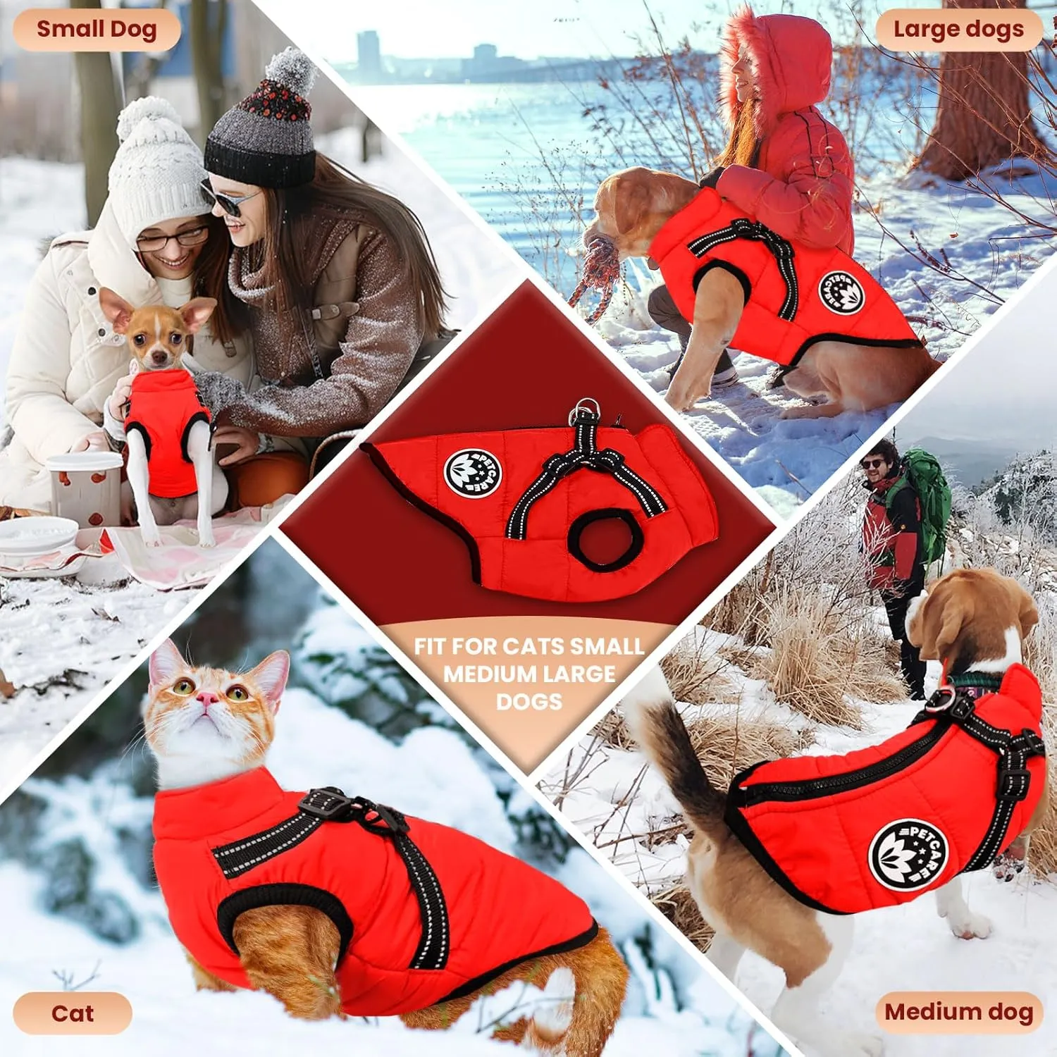 PETCARE Winter Dog Coat with Harness Built in Waterproof Dog Jackets Warm Dog Fleece Vest Windproof Dog Snow Jacket Snowsuit Reflective Dog Cold Weather Coats for Puppy Small Medium Large Dogs Cats