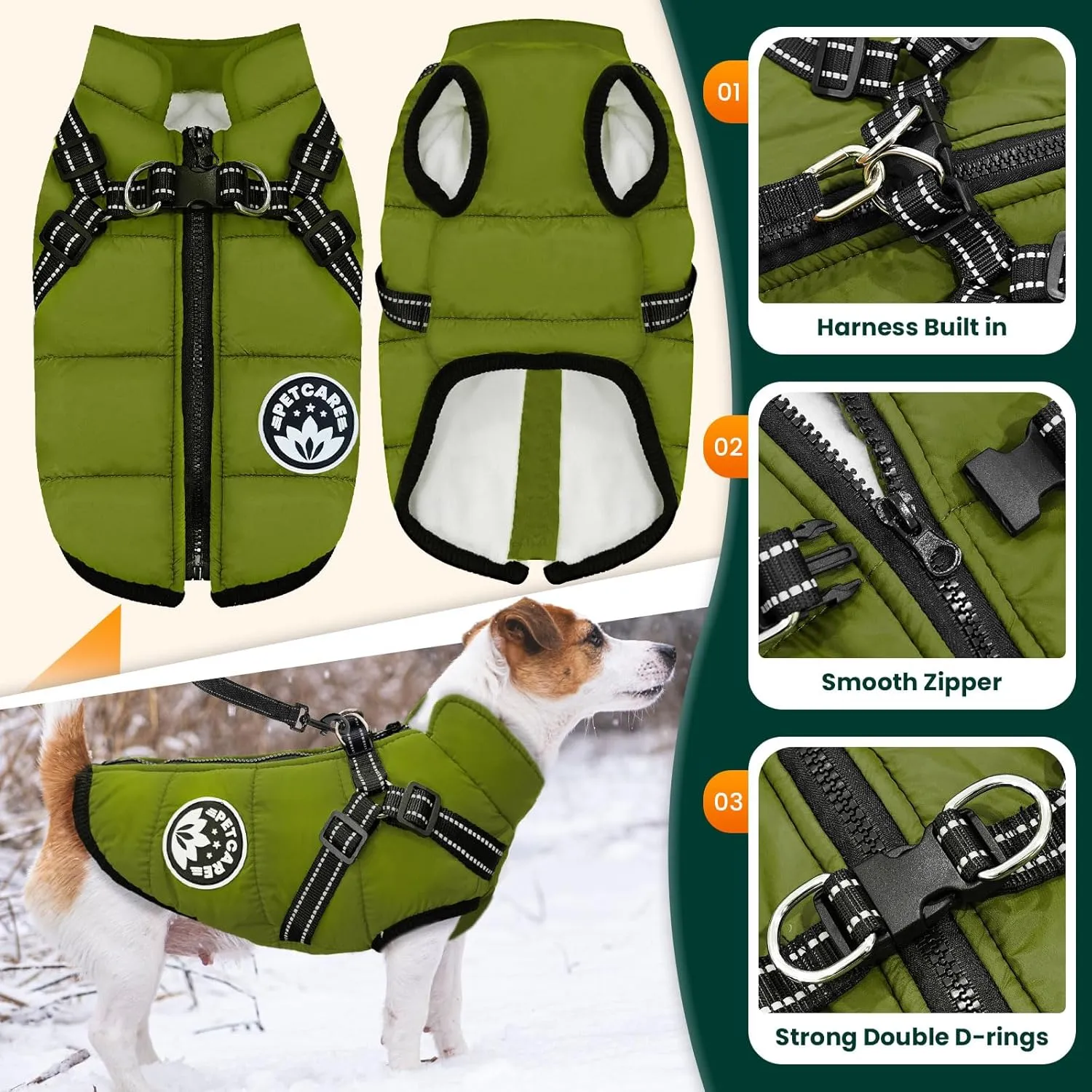 PETCARE Winter Dog Coat with Harness Built-In Waterproof Jacket, Warm Fleece Vest, Windproof Snow Jacket, Reflective, Cold Weather Coats for Puppy, Small, Medium, Large Dogs, Cats