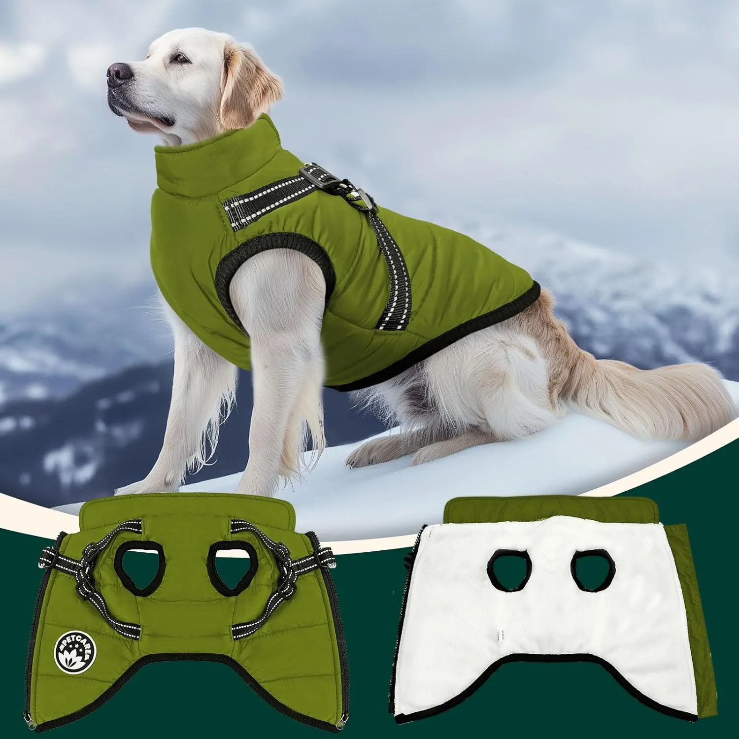 PETCARE Winter Dog Coat with Harness Built-In Waterproof Jacket, Warm Fleece Vest, Windproof Snow Jacket, Reflective, Cold Weather Coats for Puppy, Small, Medium, Large Dogs, Cats