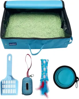 PetLike Travel Cat Litter Box, Leak-Proof Portable Litter Box, Collapsible Toilet Tray Carrier for Small Medium Cats (Large, Aqua Set)