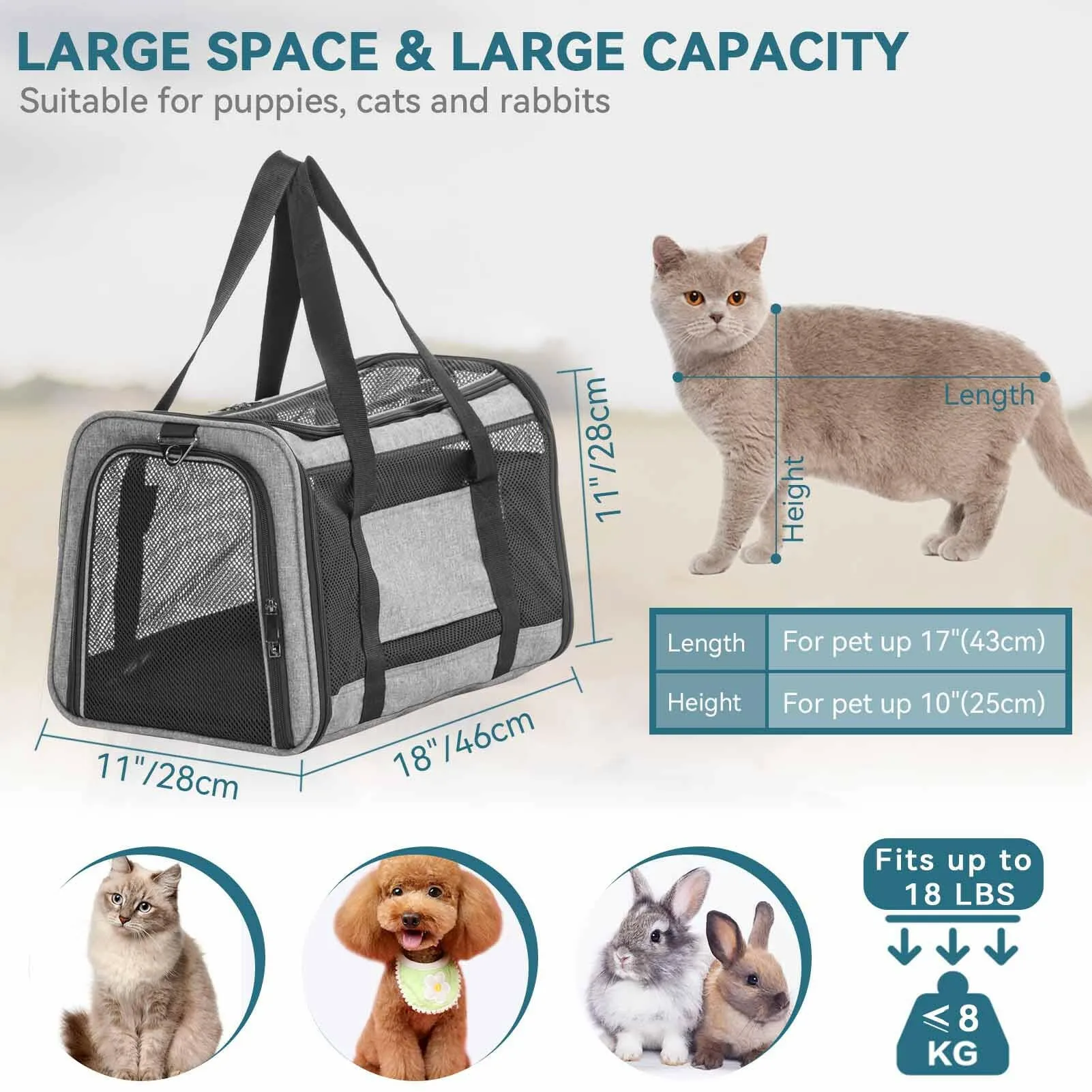 PETSFIT Large Capacity Lightweight Washable Soft-Sided Pet Travel Carrier
