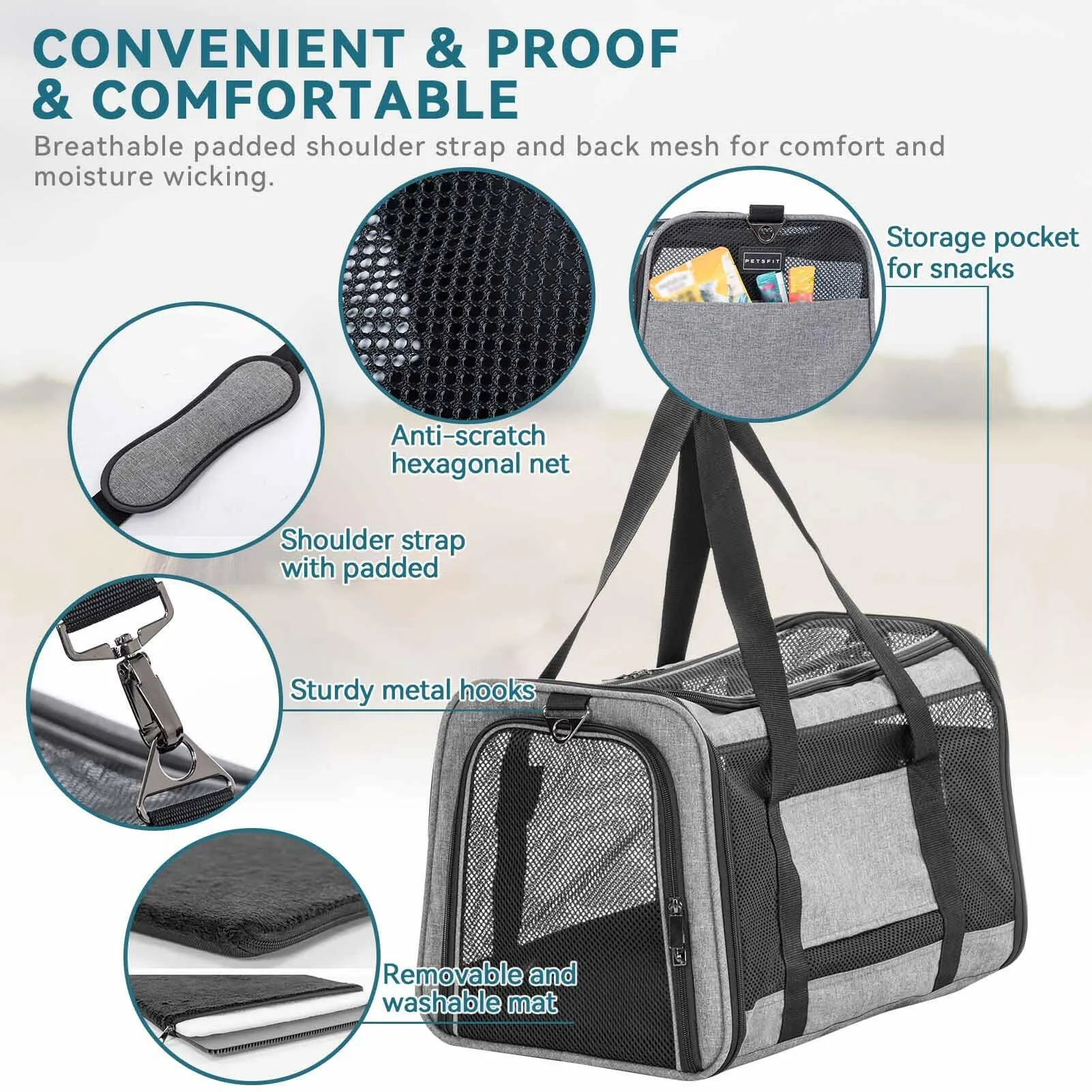 PETSFIT Large Capacity Lightweight Washable Soft-Sided Pet Travel Carrier