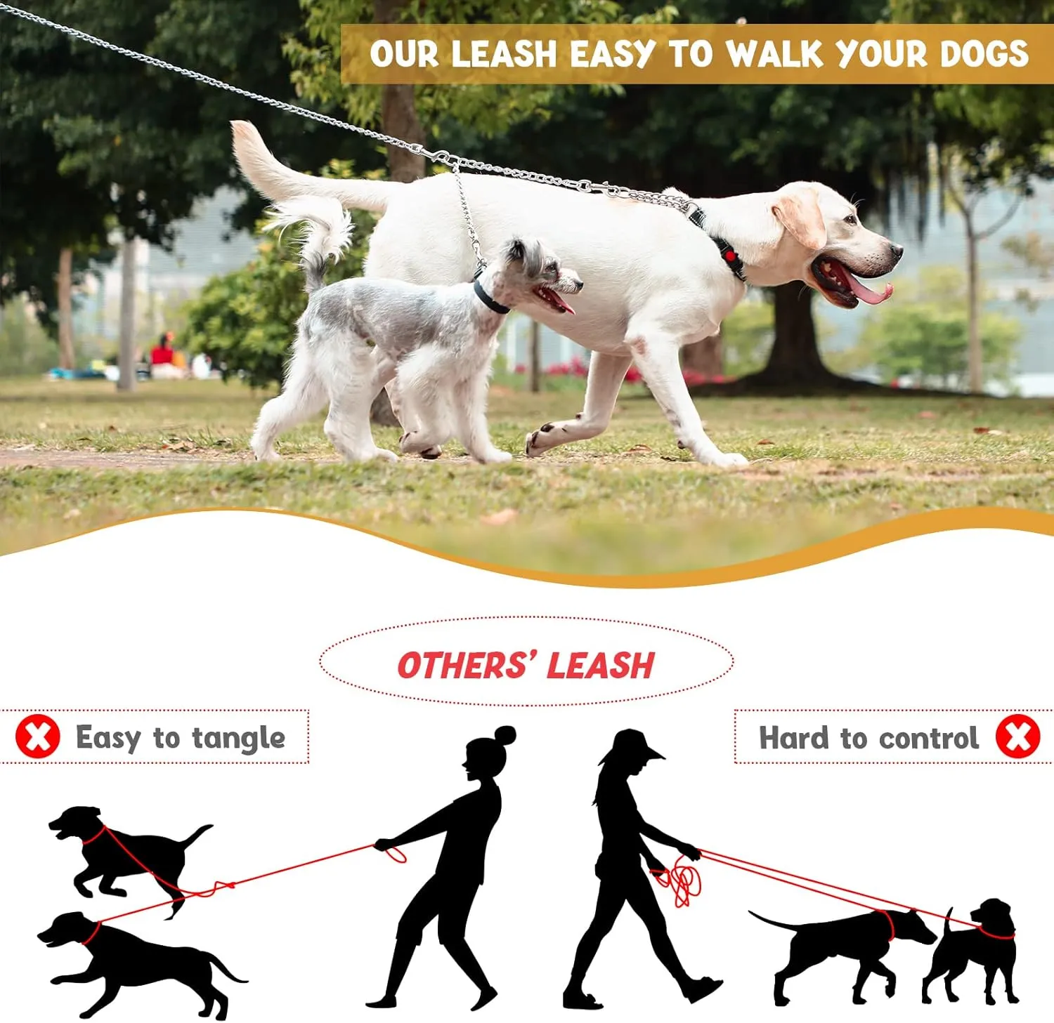 Pettom Heavy Duty 2 Way Dog Lead Metal Chain Double Pet Clip Leash Coupler 360 Swivel No Tangle Dog Walking & Training Leash (L 4.0mm*70cm, Silver)