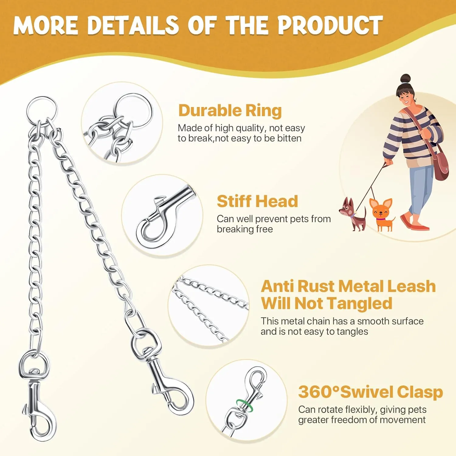 Pettom Heavy Duty 2 Way Dog Lead Metal Chain Double Pet Clip Leash Coupler 360 Swivel No Tangle Dog Walking & Training Leash (L 4.0mm*70cm, Silver)
