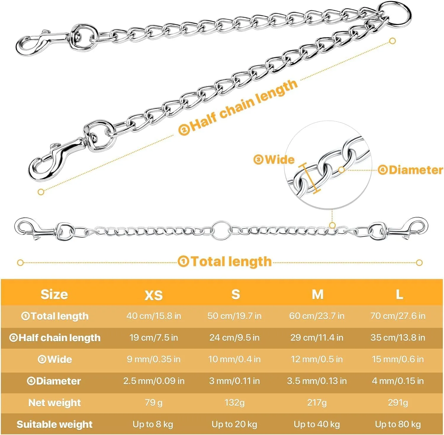 Pettom Heavy Duty 2 Way Dog Lead Metal Chain Double Pet Clip Leash Coupler 360 Swivel No Tangle Dog Walking & Training Leash (L 4.0mm*70cm, Silver)